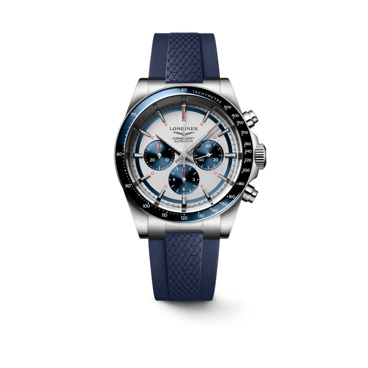Dit Longines horloge behoort tot de Conquest collectie.
Referentienummer: L3.835.4.98.9

Dit Conquest horloge is uitgerust met een automatisch L898 uurwerk met een gangreserve van 59 uur. De kast is zijn gemaakt van roestvrij staal en de band van rubber. Het horloge heeft een diameter van 42 MM en is getest op een waterdichtheid van 10 ATM / 100 M. De zilver- matte wijzerplaat is voorzien van drie blauwe subwijzerplaten die het horloge voorzien van een kleine seconde wijzer, 12 uren teller en 30 minuten teller. De wijzers zijn voorzien van Zwitsers Super-LumiNova®. De keramische bezel is uitgerust met een witte tachymeterschaal. Het horloge heeft een krasvrij saffierglas met anti-reflectieve coating aan beide zijden.