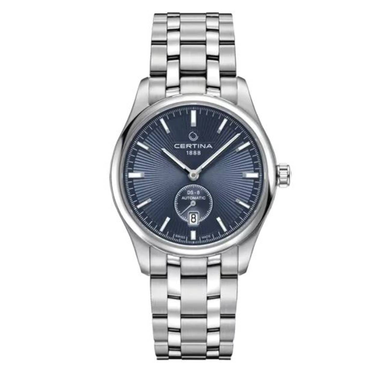 Deze DS-8 editie van Certina trekt subtiel ieders aandacht. De in reliëf gemaakte zonnestraaldetails en elegante kleine seconde weergave maken deze tijdloze klassieker nog stijlvoller. Dit Certina horloge DS-8 Small Second C0334281104100 bestaat uit een roestvrij stalen kast en band met vlindersluiting. Het uurwerk is uitgerust met Super-LumiNova, een krasbestendig saffierglas met antireflectie-coating en een waterdichtheid tot 100 meter. Het kloppende hart van deze tijdloze schoonheid is het 2825-2 kaliber, een Swiss Made automatisch gangwerk met datumfunctie. Kom op stijl in stijl met de DS-8 van Certina. 