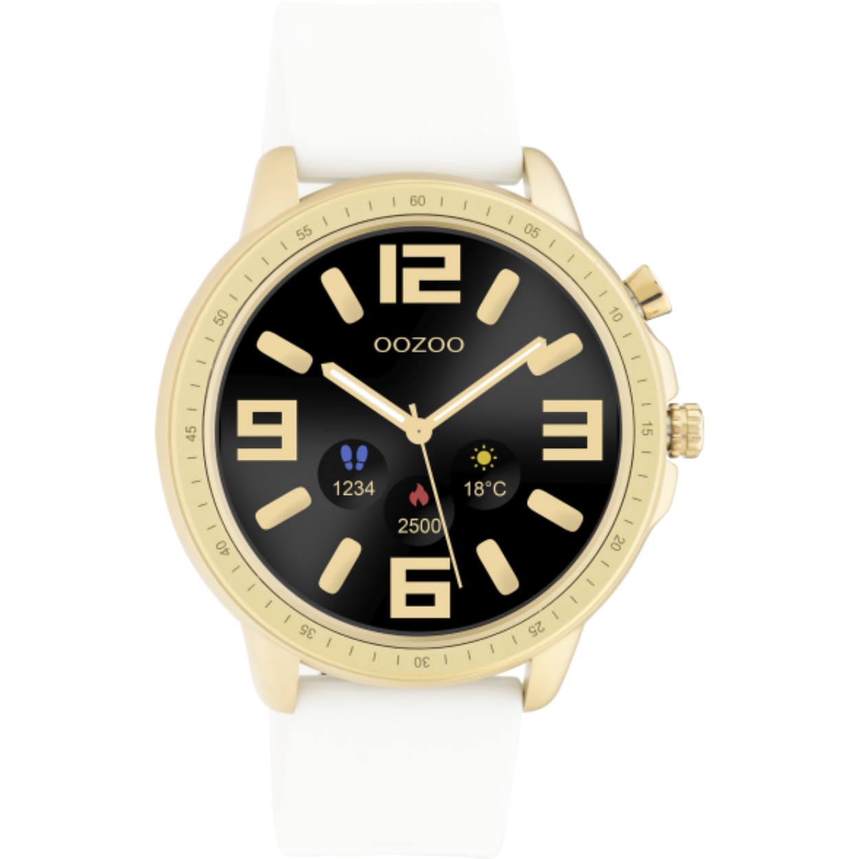 De horloges van deze digitale collectie hebben een rond design en originele OOZOO wijzerplaten. Deze unisex smartwatch is de slimme oplossing voor iedereen. De goud kleurige horlogekast, sterke wit rubber horlogeband en IP67 certificering