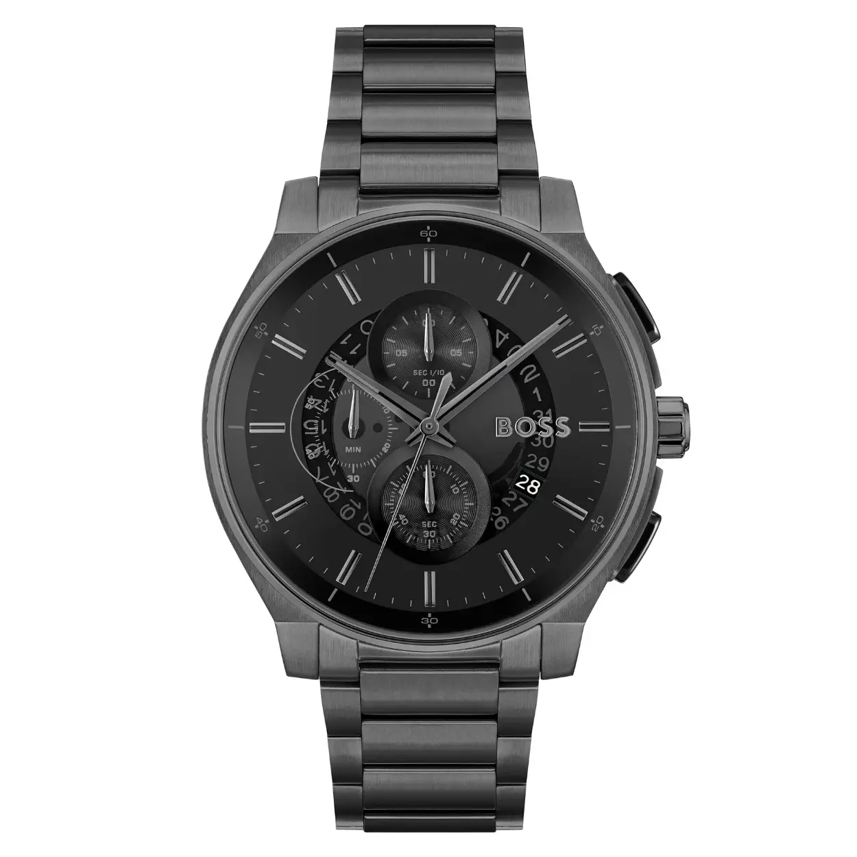 Herenuurwerk van Hugo Boss
Zwarte band en kast in edelstaal
Zwarte wijzerplaat multifunctie met datumaanduiding
Waterdichtheid: 5 ATM