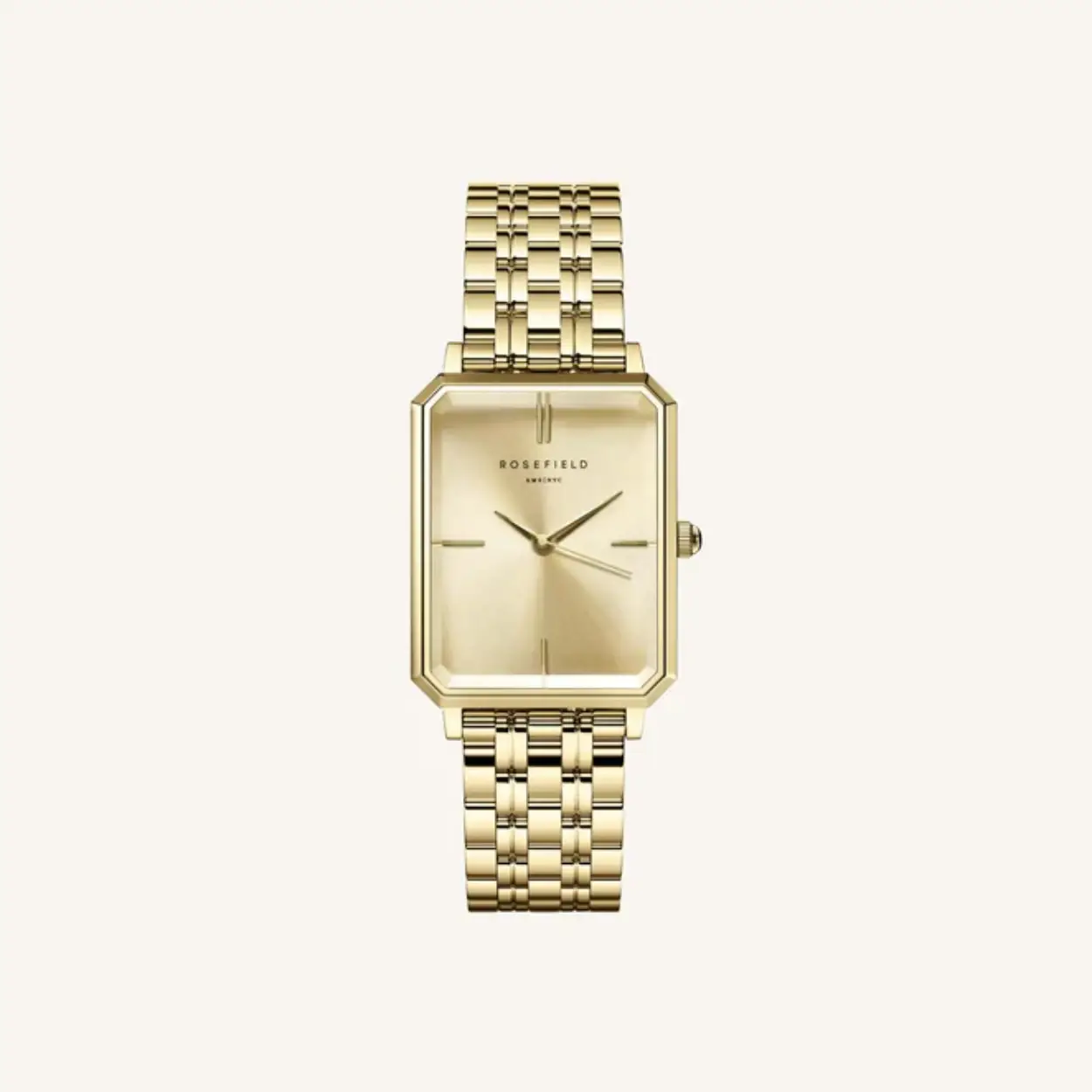 Ontdek The Octagon, Rosefield's nieuwste horlogecollectie — direct een klassieker. Dit bijzondere horloge met achthoekige klok en gepolijste gouden 5-schakel band stralen een elegantie van 1920 elegantie uit en maken dit horloge tot een waar fashion accessoire.