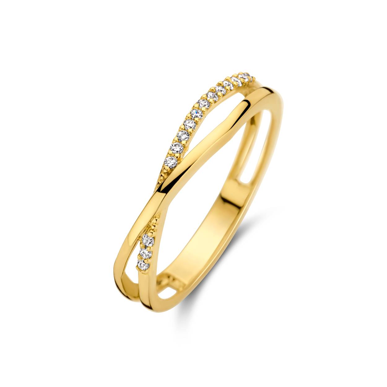 gouden JJ ring, overslag+zirconias mt18,5