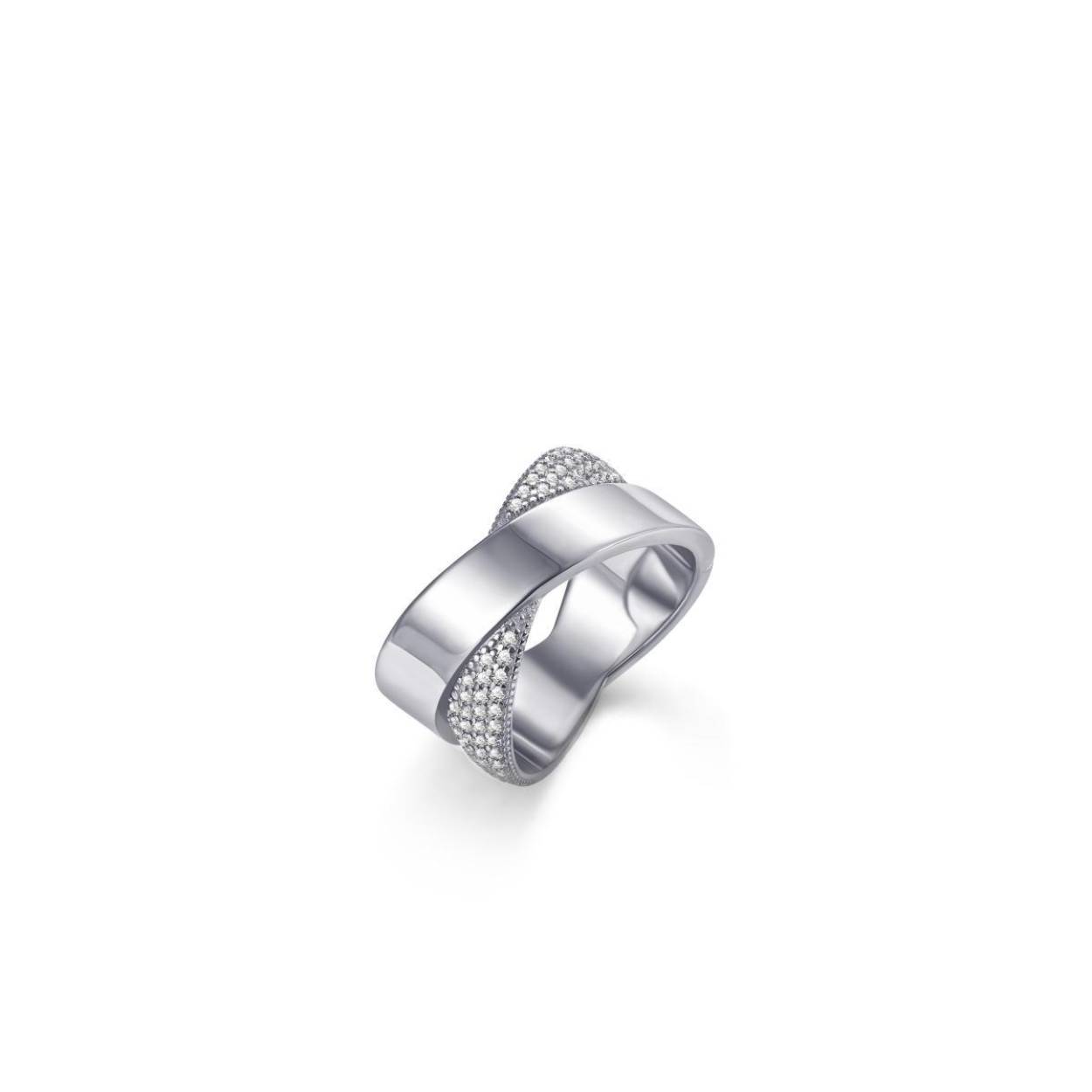 Luxe zilveren cross over ring met zirkonia's , maat 58 en verkrijgbaar in diverse andere maten.