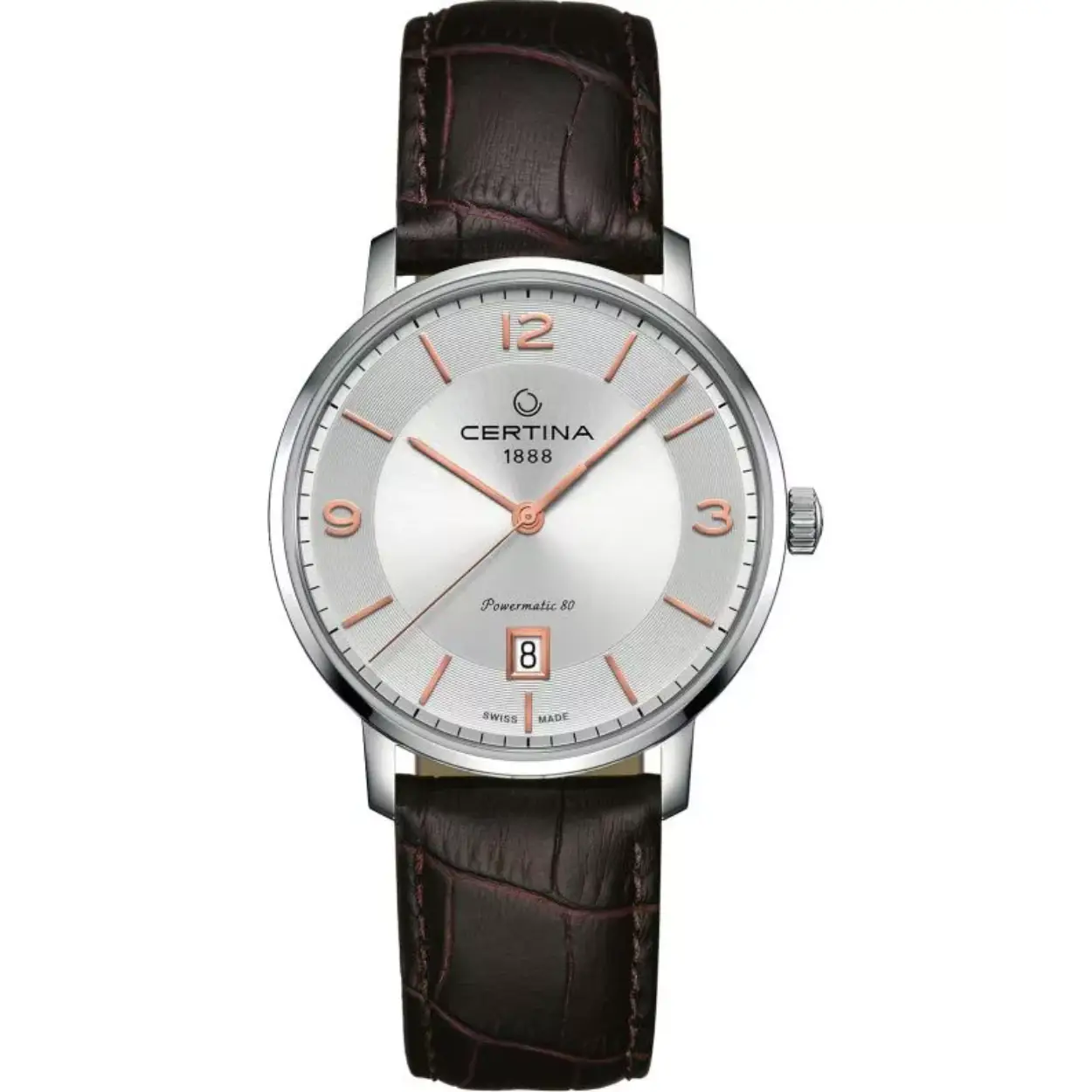 Certina heren horloge automaat Powermatic 80

Uurwerk Powermatic 80.111

Saffierglas

Waterdicht 100M

Bandaanzet 20mm

Kastdikte 10.3mm

Kastbreedte 39mm

Achterdeksel voorzien van glas