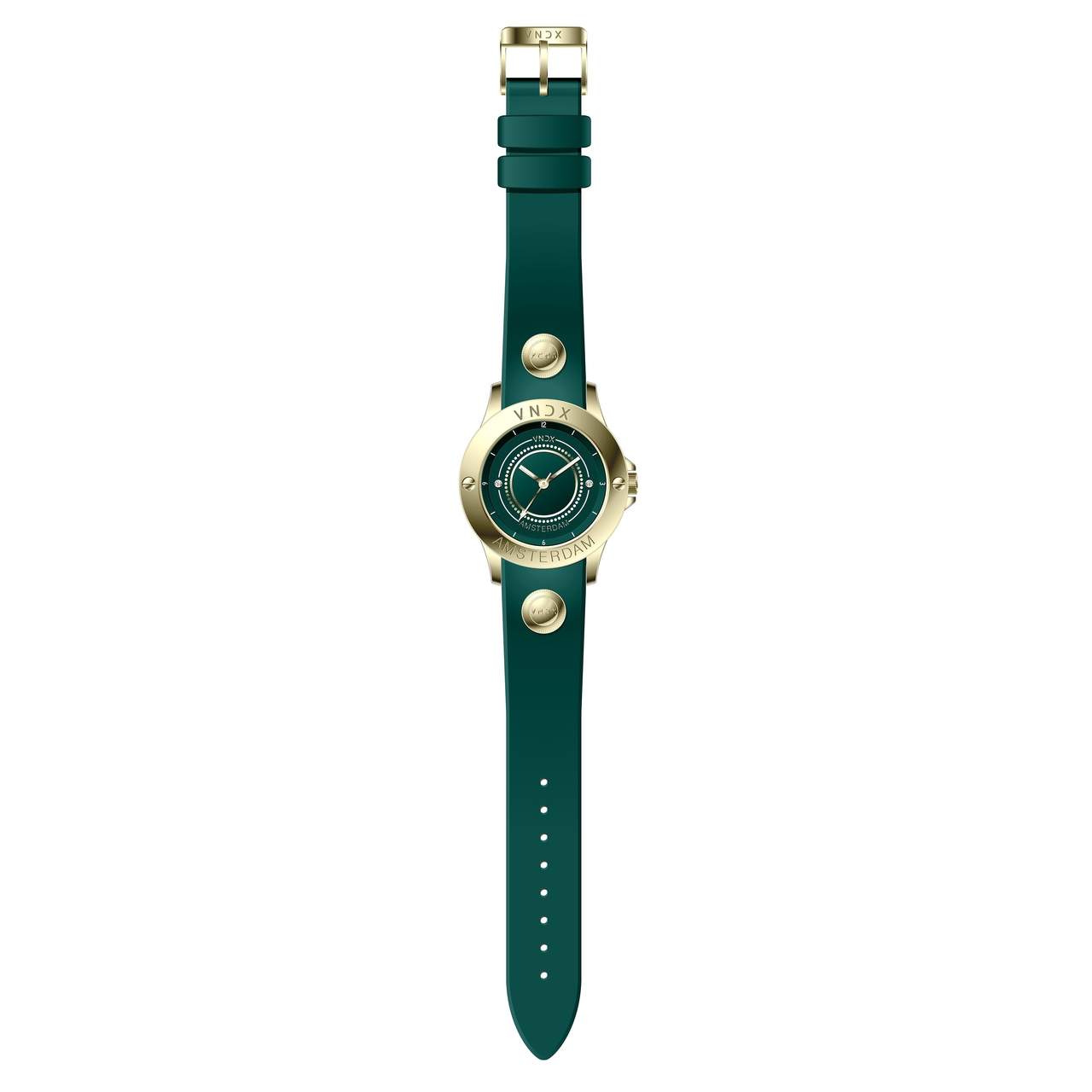 Dit prachtige horloge om je pols geeft je een ongevenaard gevoel van stijl en kracht. Deze mooie uitvoering met een stijlvolle groene silicone band en gouden kast maken dit horloge tot een waar juweel voor elke gelegenheid. Draag het met trots en plezier, schitter als een icoon. Never too late!