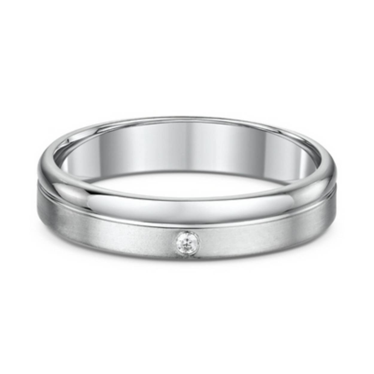 585 witgouden trouwringen, mat/glanzend 4 mm breed. De damesring is gezet met 0.012ct briljant
Prijs is op aanvraag