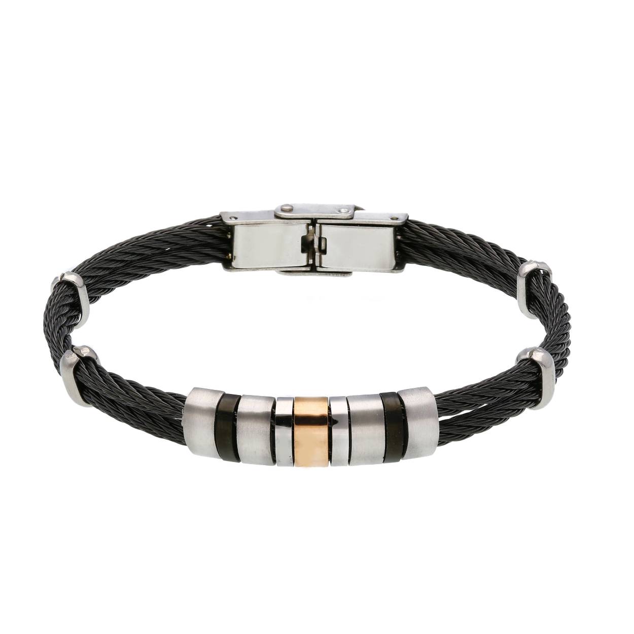 Heren armband leder en staal bicolor
