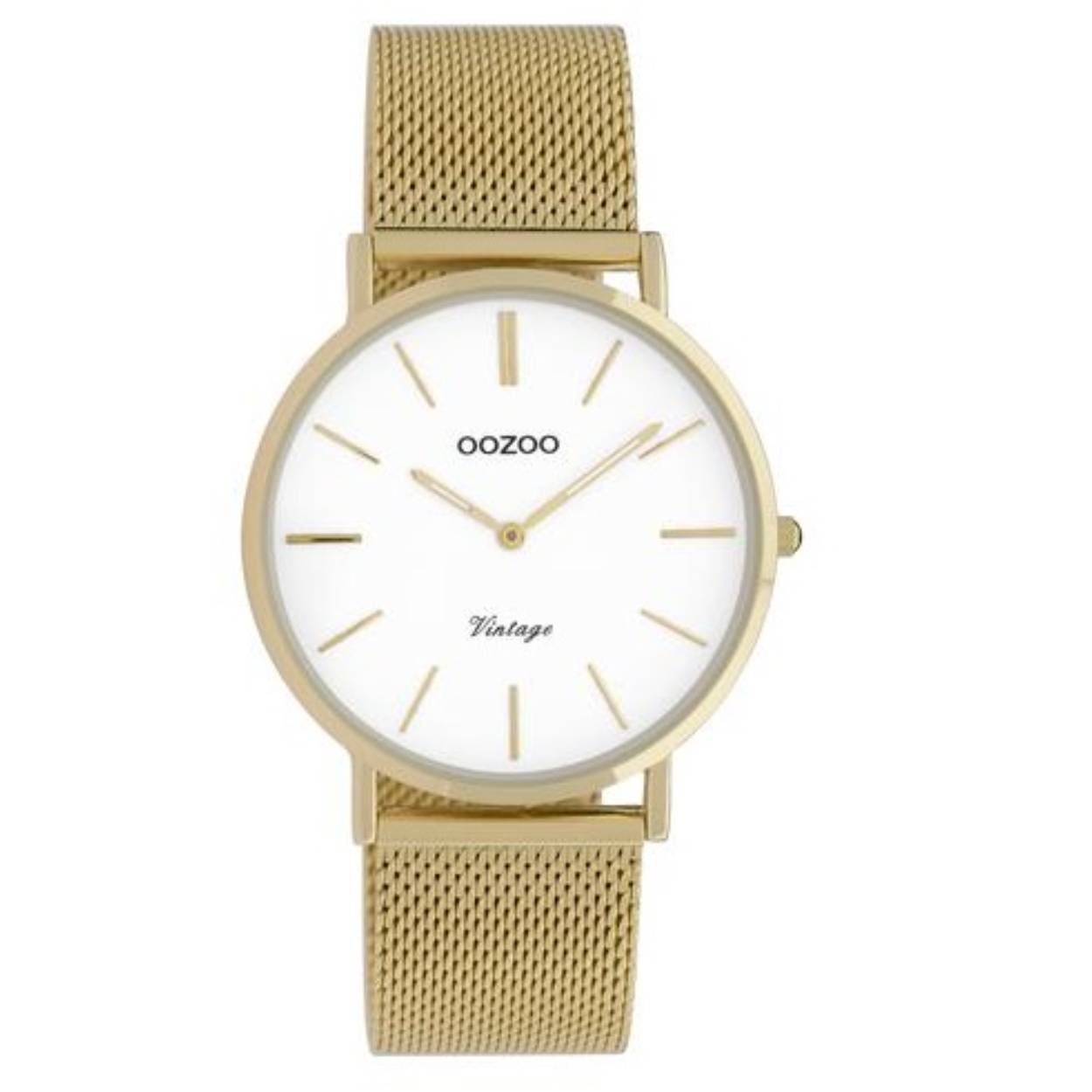Mooi horloge uit de Vintage serie van OOZOO. Het horloge is gemaakt van de beste materialen. Het uurwerk is van Quartz, de wijzerplaat is afgedekt met mineraalglas. De band is gemaakt van goud mesh metaal. Doordat de horloge is gemaakt van mooie materialen draagt het zeer prettig. Het klokje heeft een duidelijke wijzerplaat en de batterijen zijn te verwisselen. Met dit horloge heb je een trendy horloge van OOZOO Timepieces voor een scherpe prijs. * Breedte band: 18 mm * Diameter kast: 36 mm * Waterbestendig: 20 m (niet waterdicht)