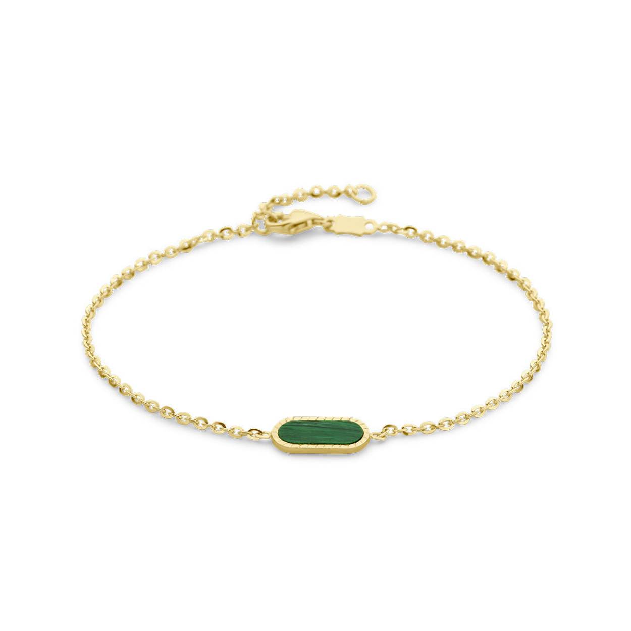 14k Geelgouden armband uitgevoerd met malachiet. De armband heef een schakelbreedte van 1.5mm en draaglengtes van 16 en 18cm. Uitgevoerd met karabijnsluiting.