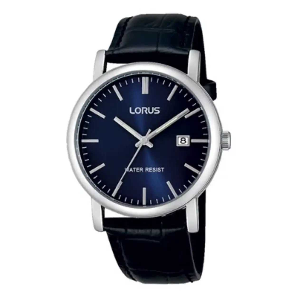 Elegant heren horloge van het merk Lorus. Het horloge heeft een zwarte leren band en een donkerblauwe wijzerplaat. De kast heeft een diameter van 37 millimeter.