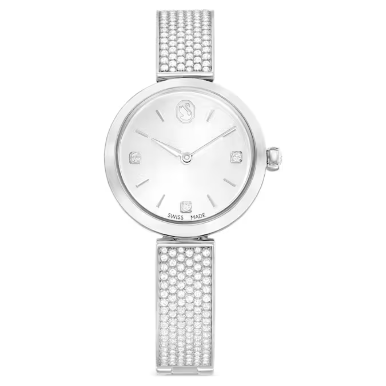 Illumina-horloges zijn gemaakt voor sensationele schoonheid aan de pols. Dit model van 27 mm heeft een edelstalen kast en een verstelbare armband, die is gedecoreerd met 210 heldere kristallen. De wijzerplaat met zonnestralenpatroon onder het mineraalglas is voorzien van een zwaanlogo ter hoogte van de 12 en drie vierkante kristallen als indexmarkeringen. In de kroon prijkt een enkel kristal. Dit schitterende Swiss made horloge is waterbestendig tot 50 m en zorgt dat u altijd op tijd bent, overdag of ‘s avonds.