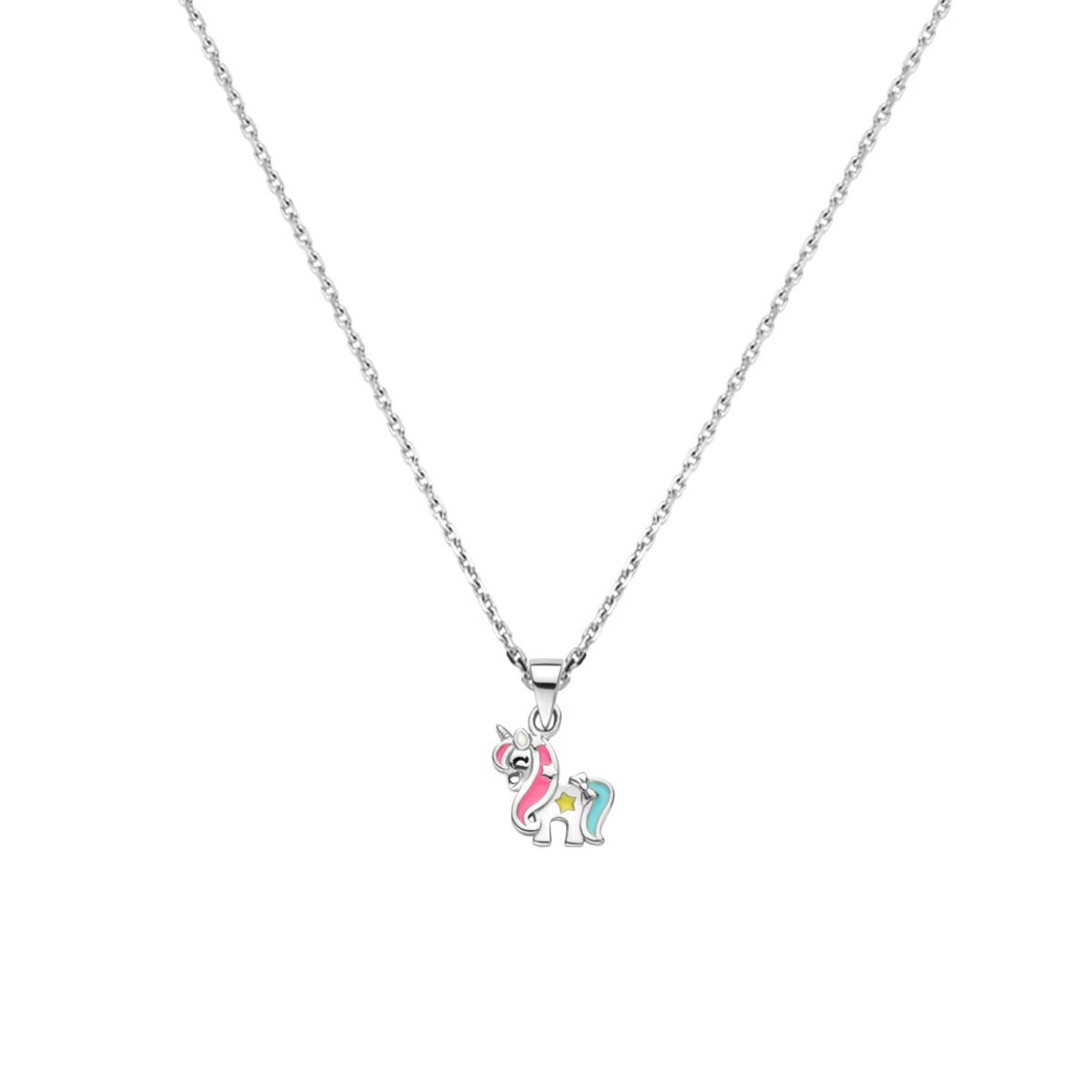 Gerhodineerd 925 zilveren collier uitgevoerd met een eenhoorn hanger en een karabijn sluiting. Het collier heeft een draaglengte van 36cm en een extensie van 4cm. De schakelbreedte is 1.1mm.