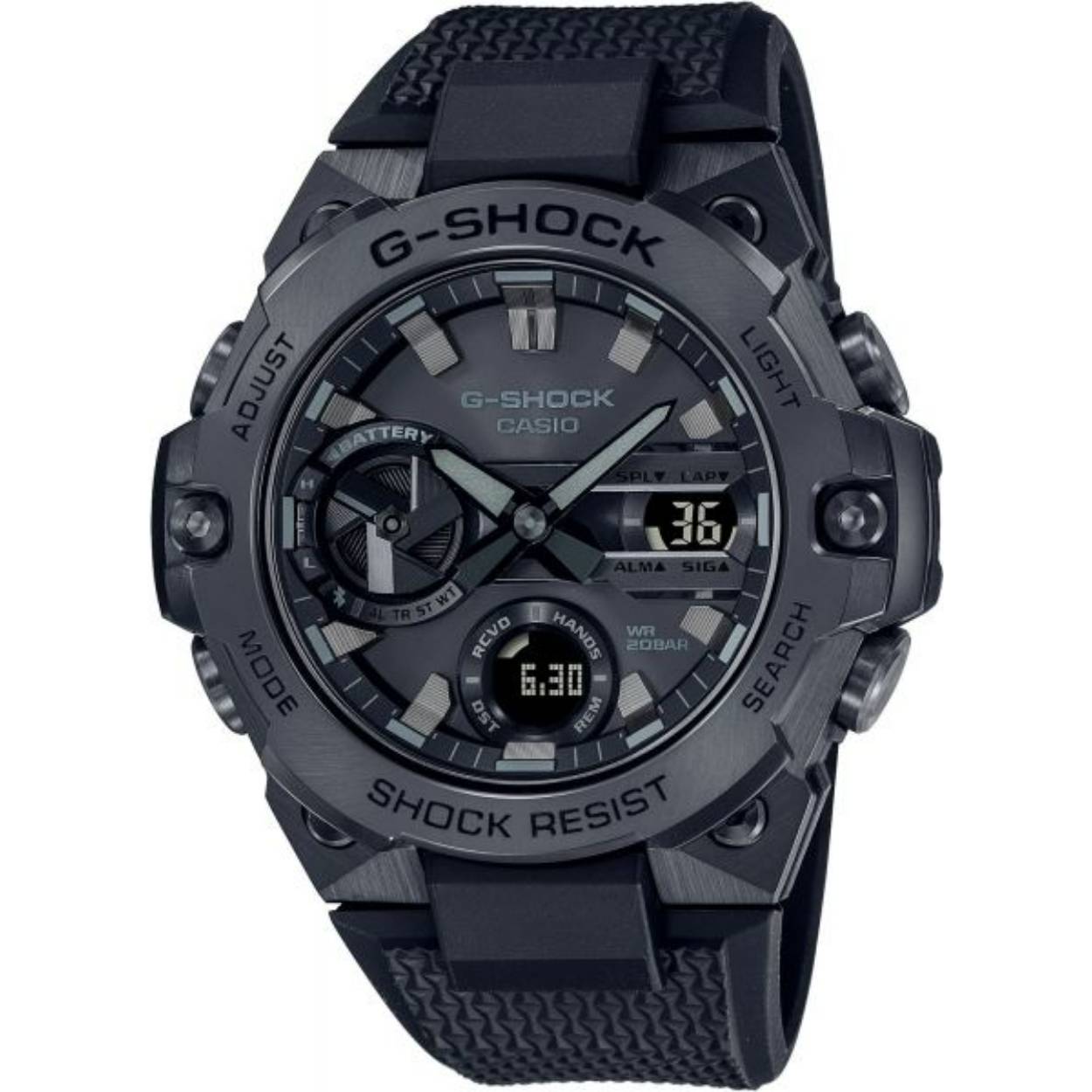 Casio G-Shock horloge. Zwart rubberen band met een zwart stalen kast. Bluetooth, stopwatch, wereldtijden en alarm. 