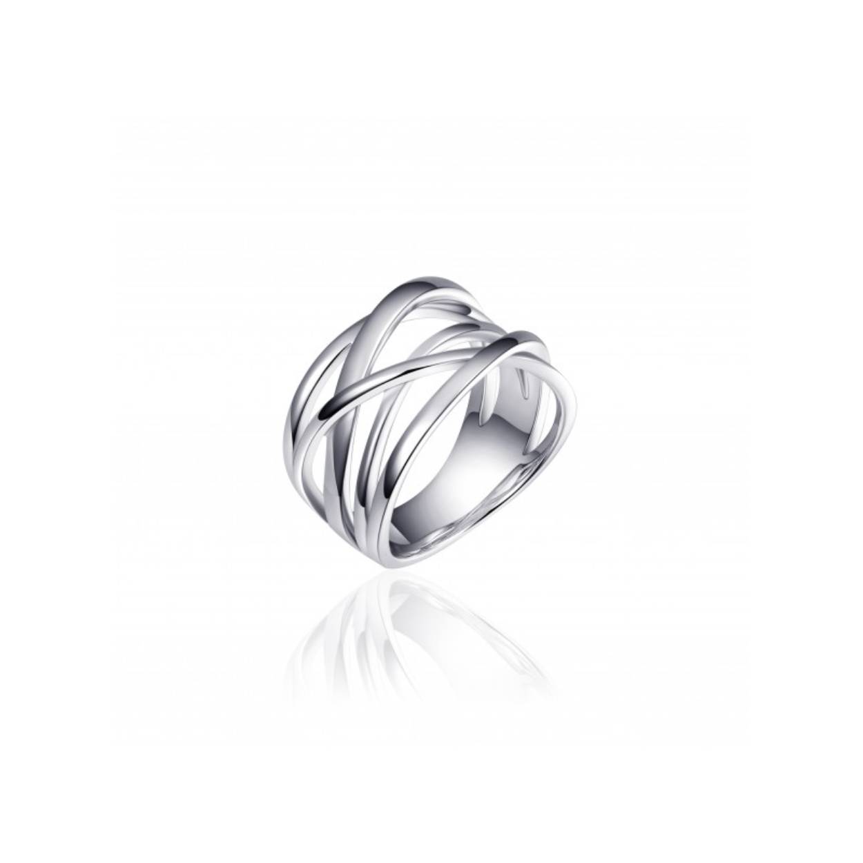 Deze bijzondere cross-over ring is gemaakt van eerste gehalte zilver met een rhodium plating. Op een speelse manier zijn de verschillende banden zo verweven dat ze samen een elegant geheel vormen. Mooi om alleen te dragen maar ook prachtig in combinatie met andere ringen. Een schitterende ring voor een leuke prijs!