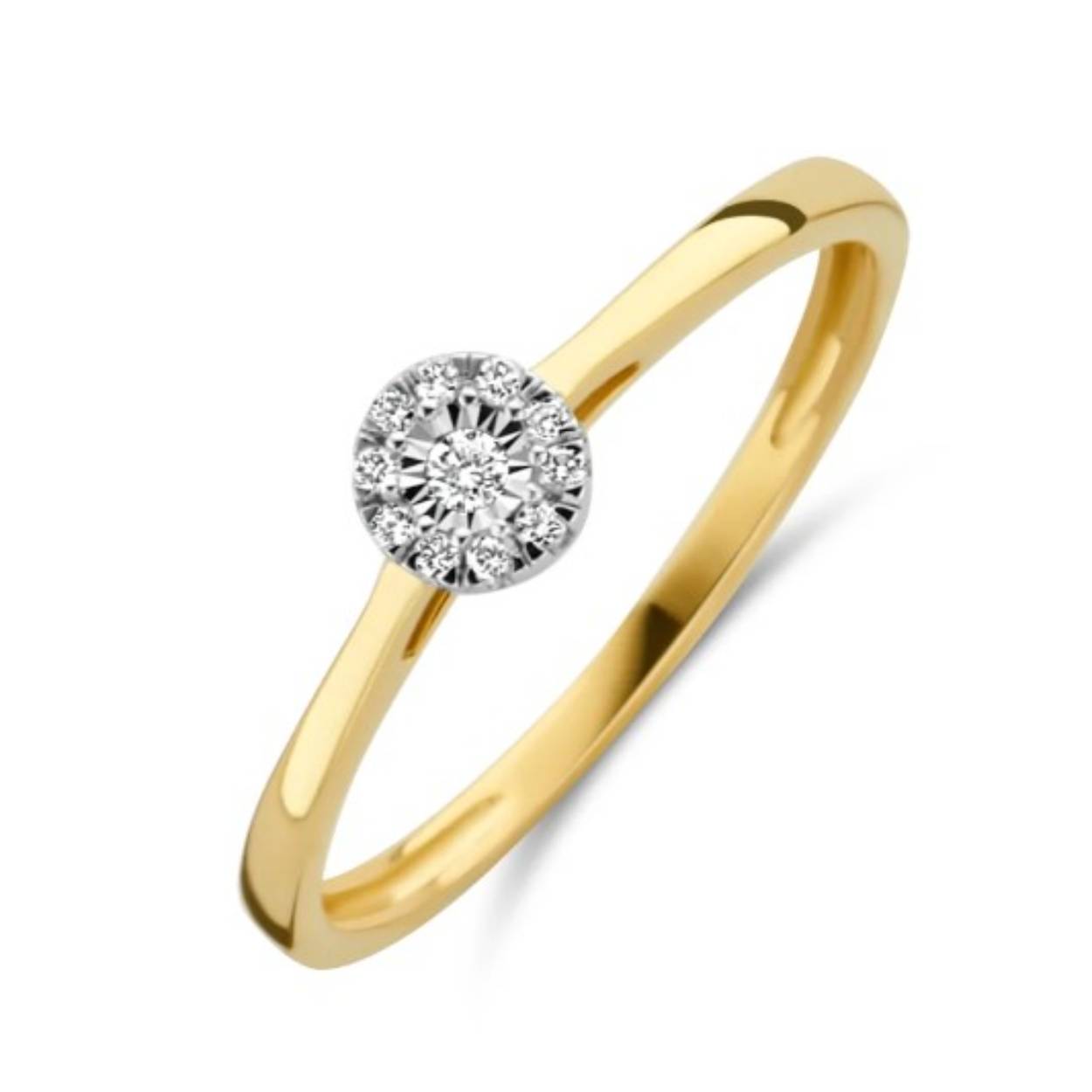 Deze 14k wit- en geelgouden ring sprankelt met briljant geslepen diamanten met een totaal karaatgewicht van 0,07. De band heeft een doorsnee van 1,6 mm. Elegant op zichzelf maar ook prachtig in combinatie met andere ringen uit onze collectie. 
