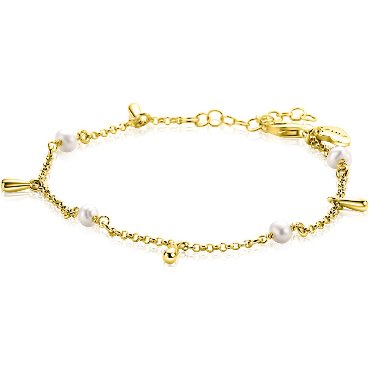 ZINZI gold plated zilveren armband met kleine witte zoetwaterpareltjes en druppelvormige hangertjes. Gemakkelijk verstelbaar door het verlengkettinkje 17-20cm. De armband is vervaardigd van eerste gehalte zilver (925) en extra geel verguld.