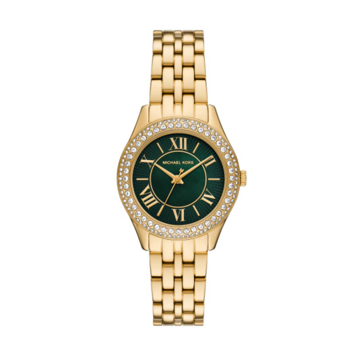 Een prachtig goudkleurig horloge met groene wijzerplaat en mooie zirkonia steentjes.