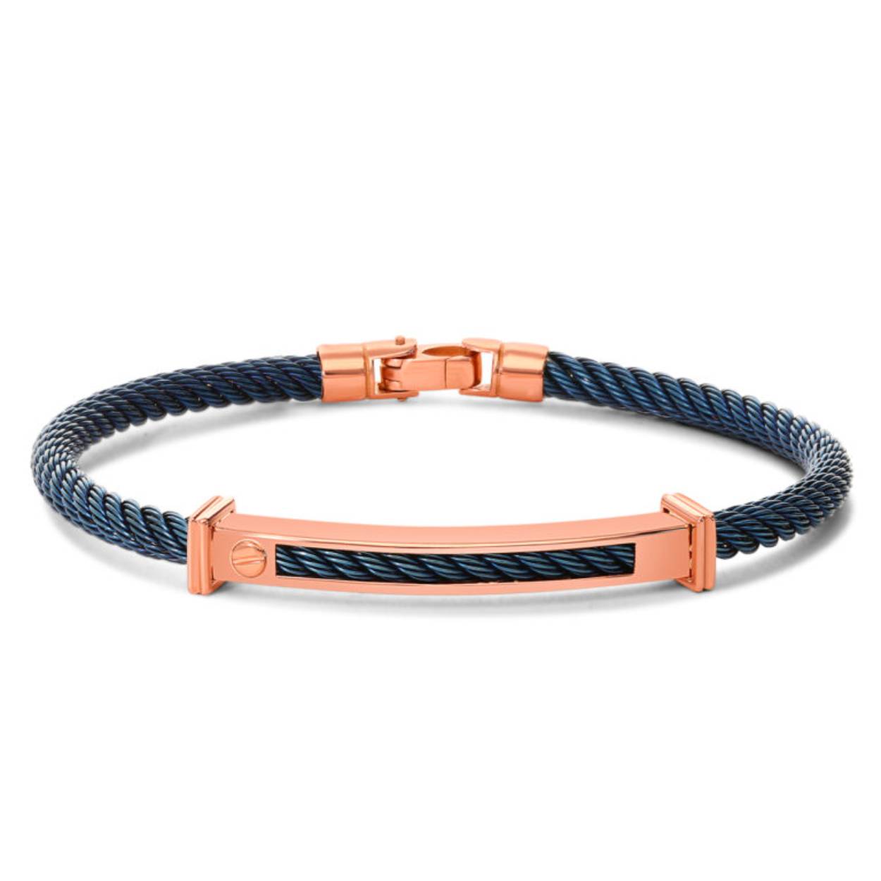 Ontdek de moderne elegantie van de Bespoke JH Brummer Rose Gouden Heren Armband. Vervaardigd met een unieke combinatie van rose goud en blauw staal, straalt deze armband stijl en verfijning uit, perfect voor elke gelegenheid.