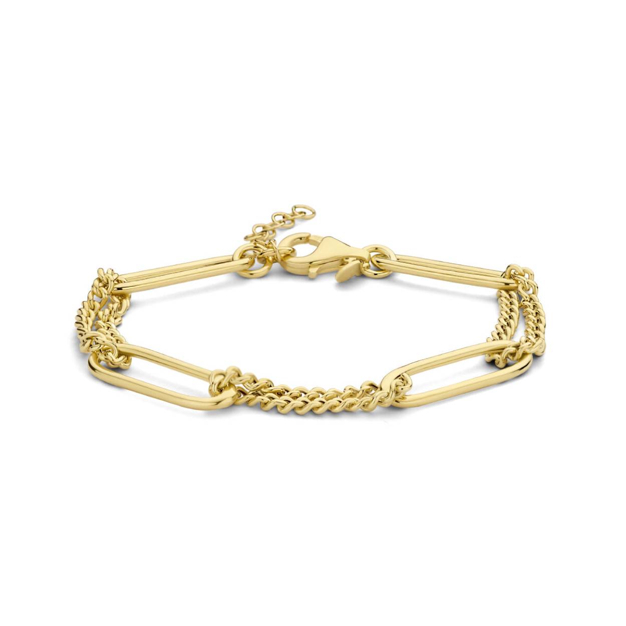 Geelgoud op 925 zilveren armband uitgevoerd met een paperclip schakel van 7.2mm, gourmette schakel van 2.8mm en een karabijn sluiting. De armband heeft een draaglengte van 17cm en een extensie van 3cm