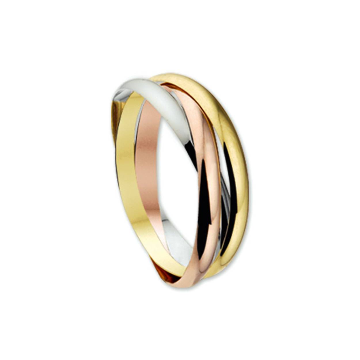 Tricolor wit- rose- en geelgouden ring bestaande uit 3 in elkaar geplaatste losse ringen.