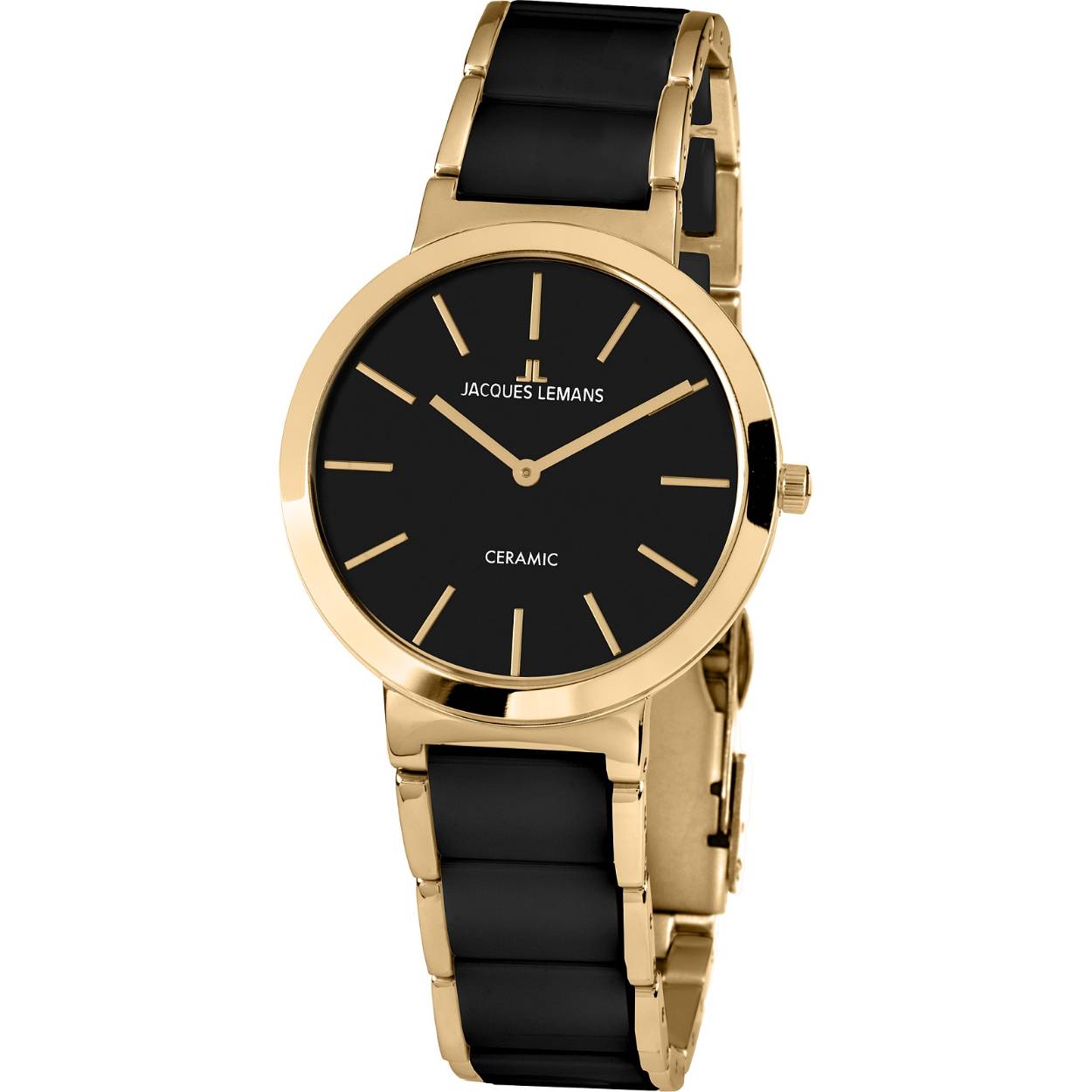 Dit dameshorloge is van het merk JACQUES LEMANS. Het is een horloge met een band gemaakt van RVS en keramische. De diameter van de kast is 34 mm.