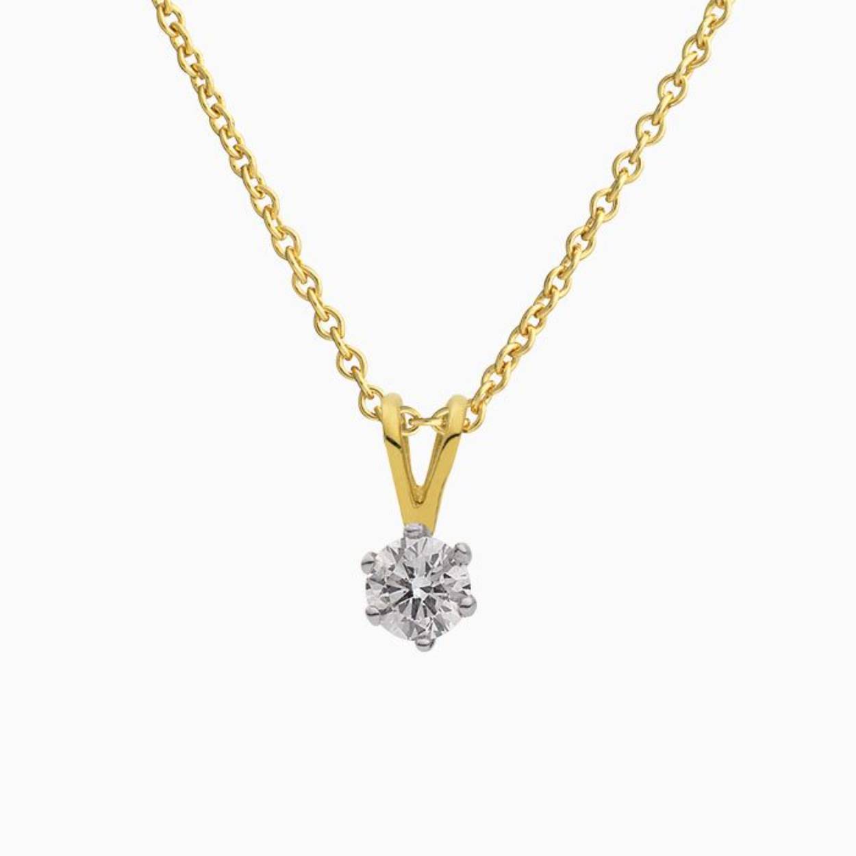 Deze 14 karaats Solitair hanger met een 0,25 ct diamant.
De kwaliteit van de steen heeft is D-SI.
Dat is de beste kleur kwaliteit op de markt, en heet officieel kleurloos.
