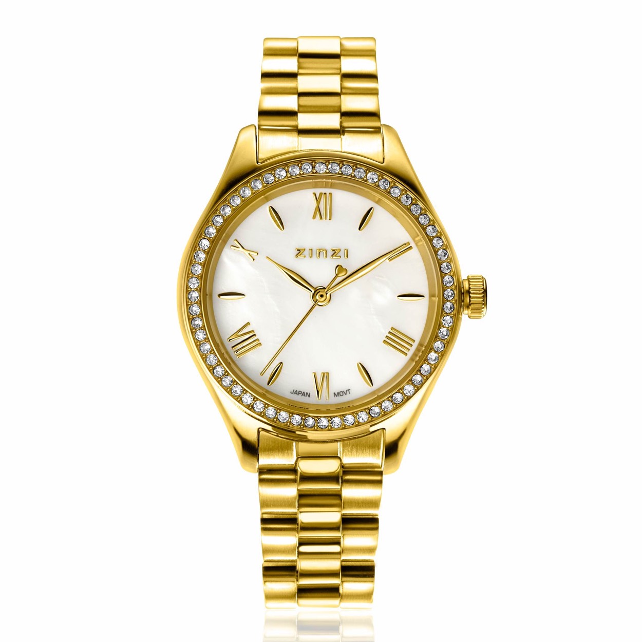 Het TRESOR dameshorloge heeft een schitterend stijlvol ontwerp. De horlogekast van 32mm is rondom bezet met witte zirkonia's. Voorzien van een witte parelmoer wijzerplaat, met goudkleurige romeinse cijfers en goudkleurige stalen schakelband met chique clip-sluiting. Leuk detail: de seconde wijzer met een subtiel hartje. Ook 5atm waterbestendig (tegen regen en spatwater) en met sterk mineraal glas.
