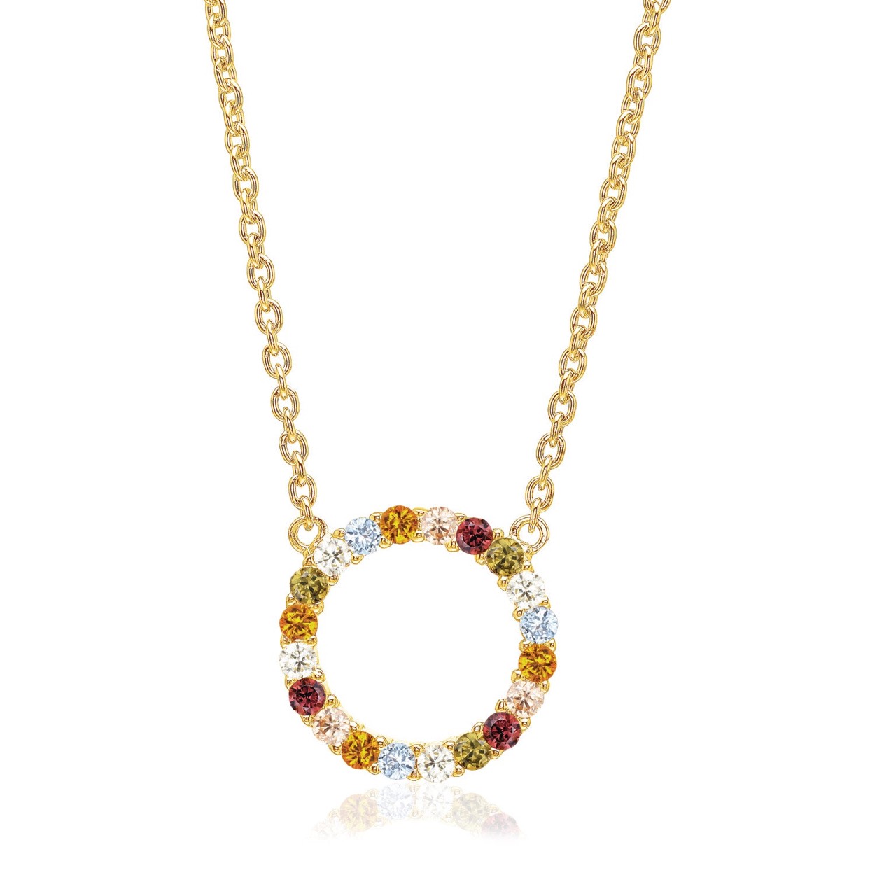 Necklace made of 18 karat gold plated 925 Sterling silver, polished surface and facet cut multicoloured zirconia.