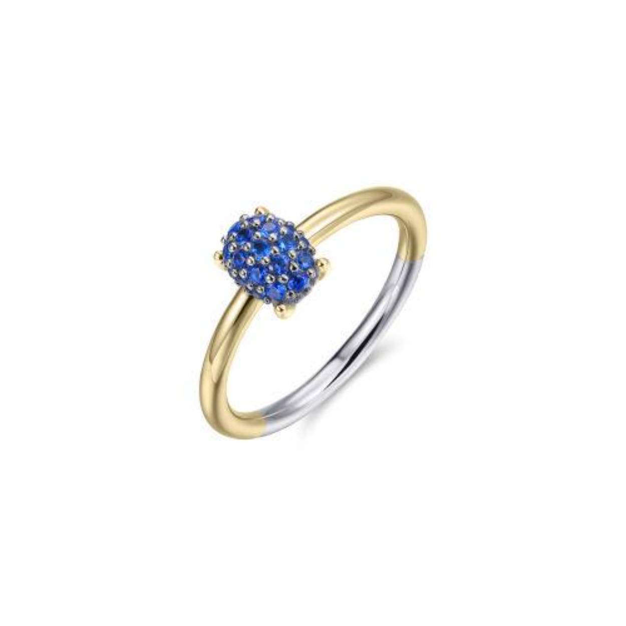 Zilver vergulde ring met blauwe zirconia. Stapel ring met pavé details