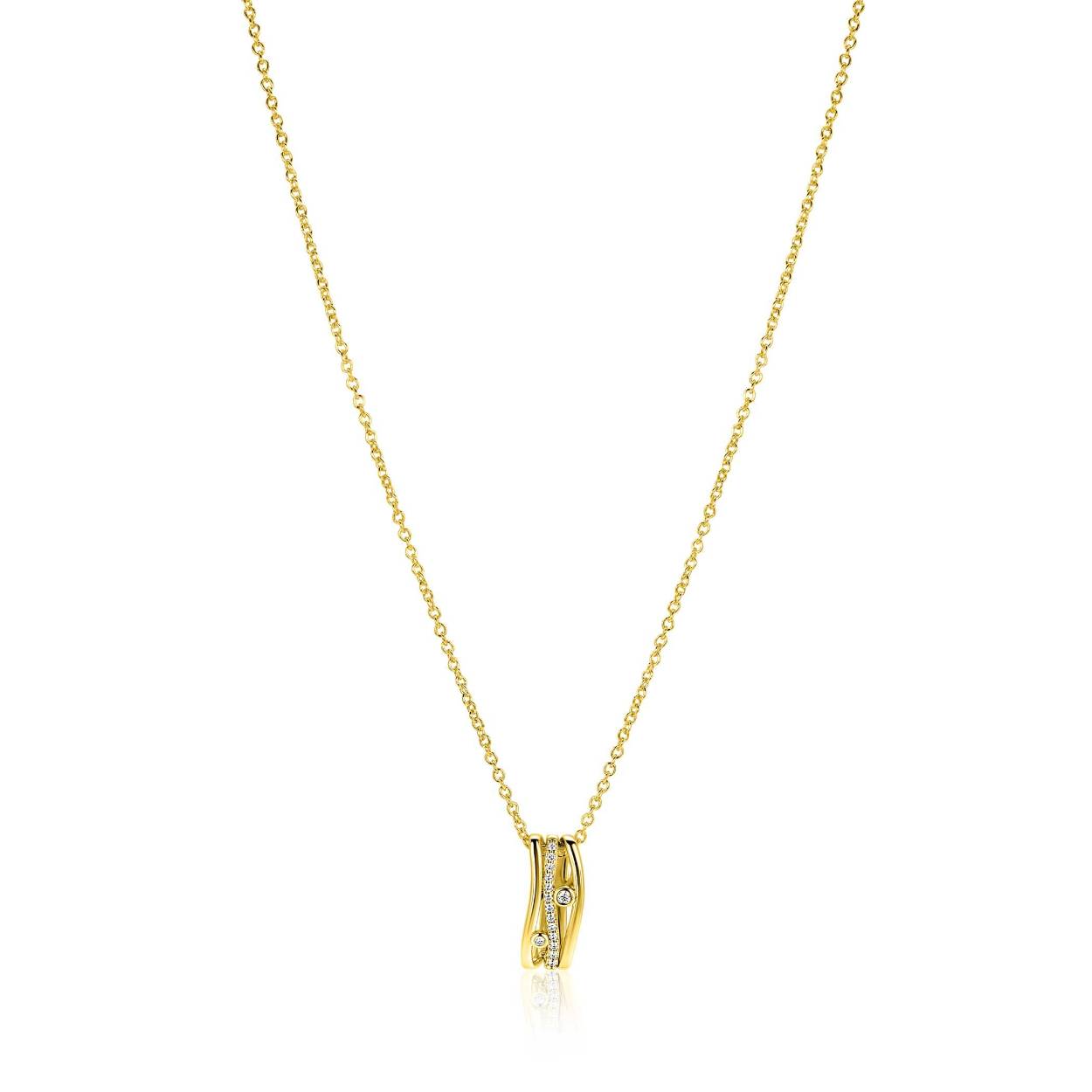 ZINZI gold plated zilveren schakelketttinkje met multi-look hanger (16mm) in golvend design. De middelste baan is vol bezet met witte zirkonia's en twee ronde zettingen zijn speels verdeeld over de hanger. De lengte van de ketting is te variëren tussen 45cm en 48cm. Vervaardig van eerste gehalte zilver (925) en extra geel verguld.