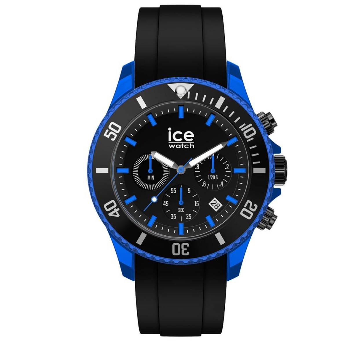 Herenuurwerk uit de 'Ice Chrono' collectie van Ice Watch
Zwarte siliconen band en blauwe kunststof kast
Zwarte wijzerplaat multifunctie met datumaanduiding
Waterdichtheid: 10 ATM