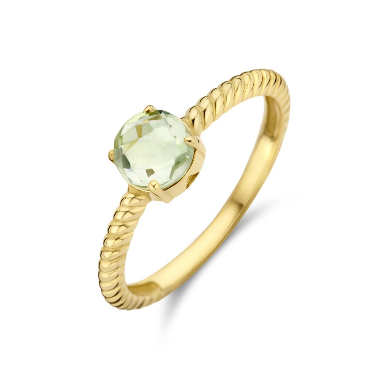 14k Geelgouden ring uitgevoerd met een schitterende groen amethyst. De ring heeft een breedte van 6mm. De groen amethyst heeft een steengewicht 0.80ct.