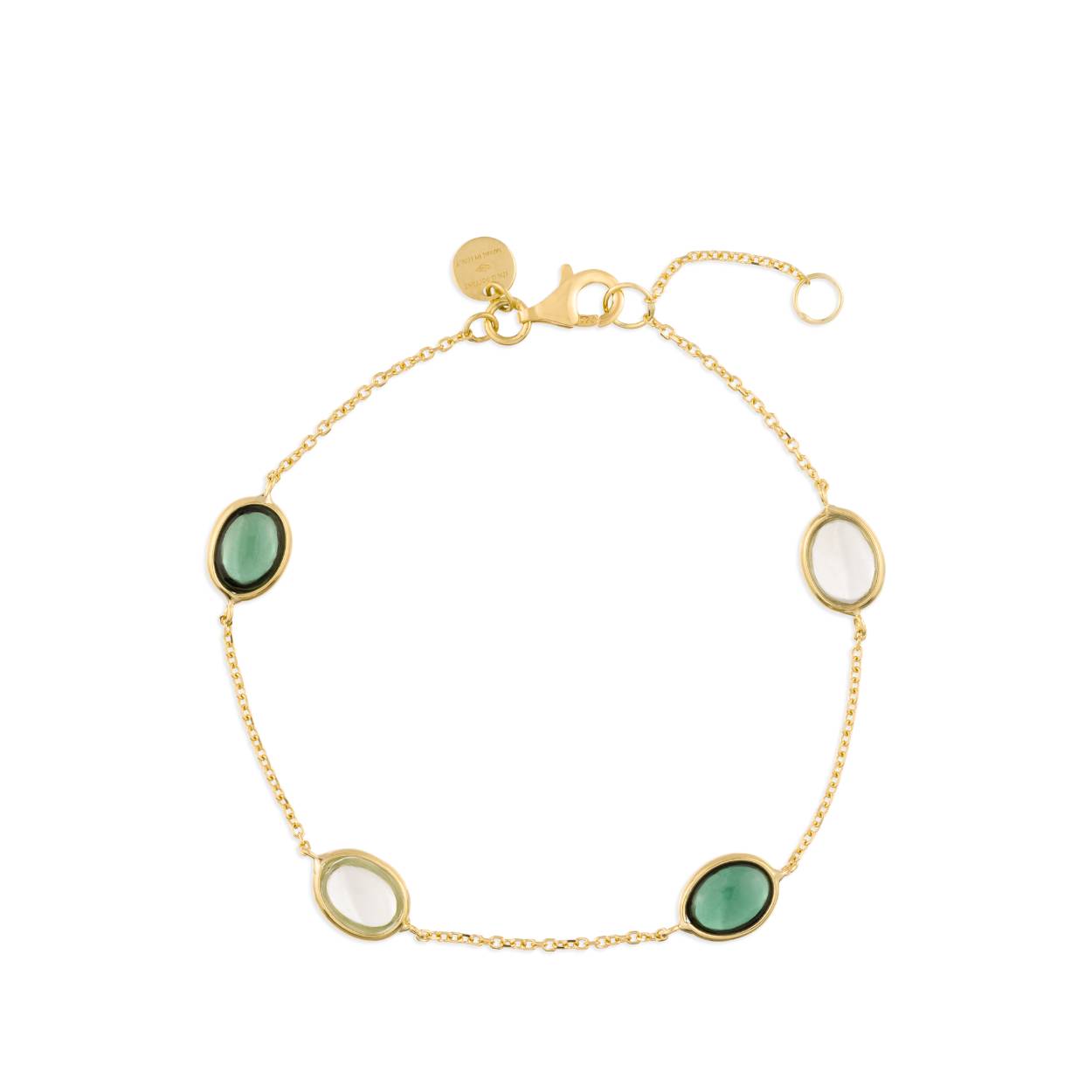 De 18 kt gouden armband bevat de halfedelstenen 'groene toermalijn' en 'prasioliet' en gaat prachtig samen met de bijhorende collier en oorbellen.
Lengte: 18 cm