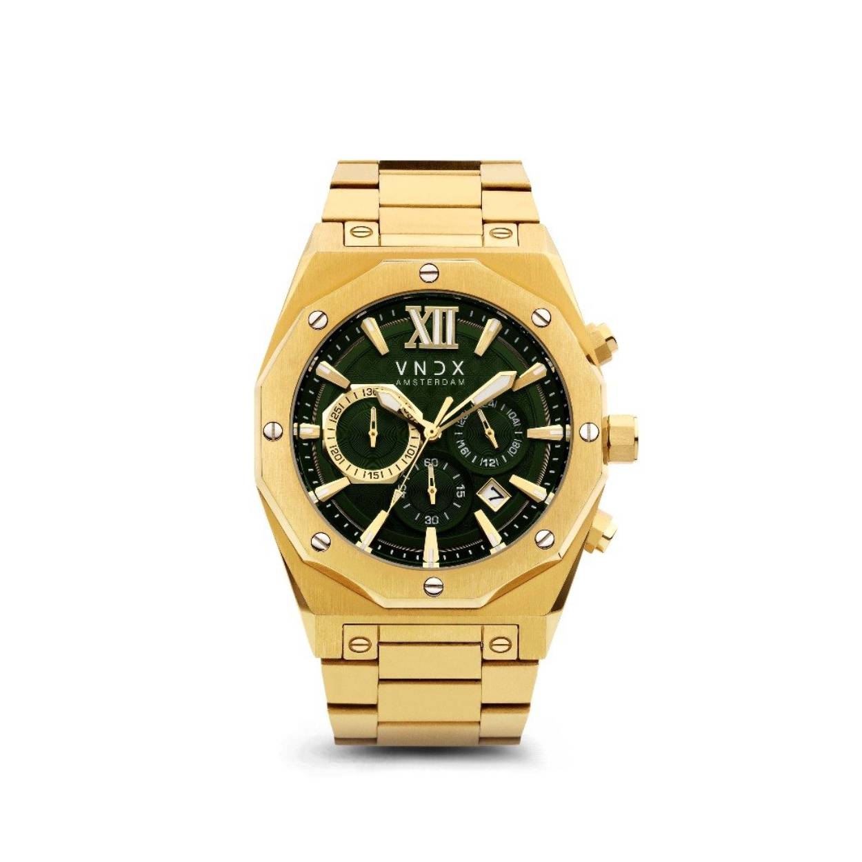 Ben jij de Wise Man bij wie dit horloge perfect past? Dit uitgesproken en uitgesproken horloge sluit perfect aan op wie jij bent! De mat geborstelde goud stalen band gecombineerd met de elegante groene dial is de kroon op jouw outfit. Met deze stijlvolle kleurencombinatie en het ontwerp gaat dit horloge je niet snel gaan vervelen! Voorzien van een chronograaf kent deze Wise Man verschillende mogelijkheden. Bang om het horloge te verliezen hoef je niet te zijn. Het horloge beschikt over een vouwsluiting die zeker is. Zo zorgt VNDX ervoor dat jij en je Wise Man nooit te laat zijn.  '' Wees jij, wees wijs en doe altijd de dingen waar jij je goed bij voelt! De wijze man''