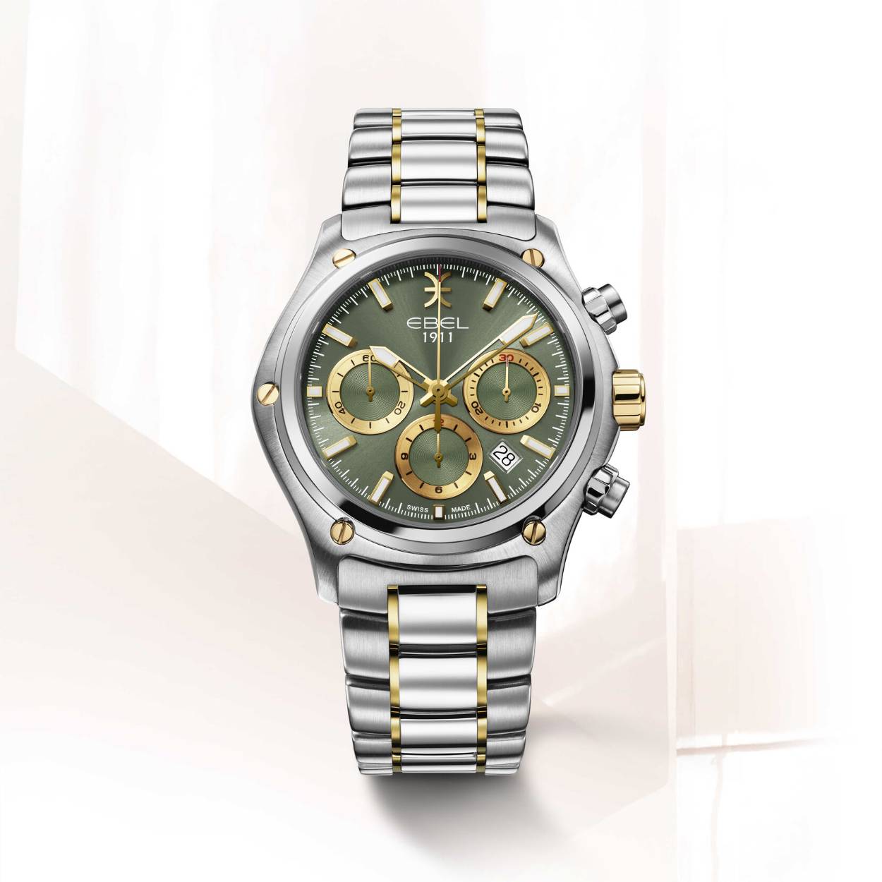Men's watch EBEL 1911, stainless steel and 18K yellow gold case, Ø 44mm, green galvanic dial with applied indexes with Super-LumiNova®, date window at 4:30, sapphire crystal with antireflective treatment underneath, sapphire crystal case-back, two-tone stainless steel bracelet, folding clasp, comes with additional black calf leather strap, Swiss automatic chronograph movement, water-resistant up to 10 bar