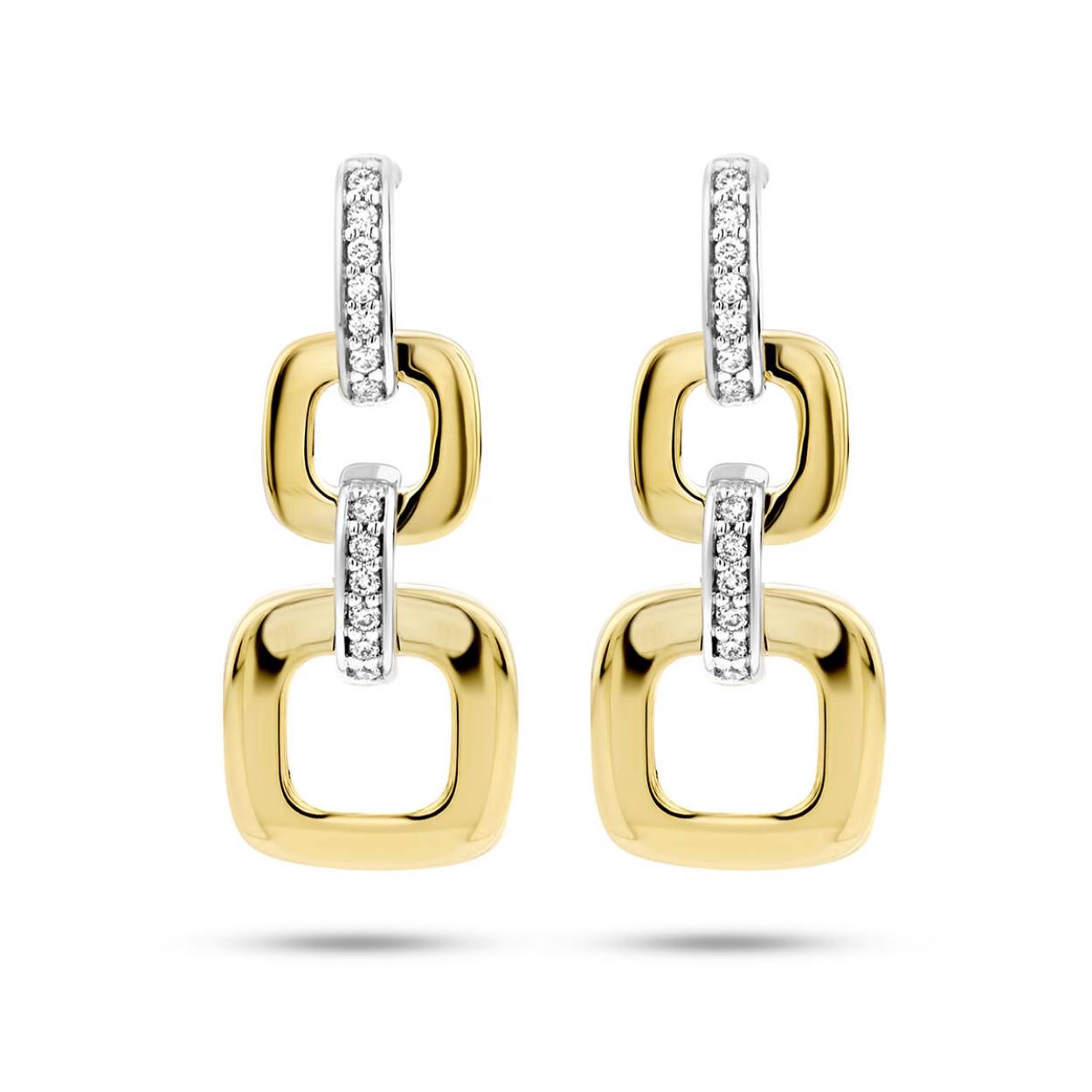 14k Bicolor geel- en witgouden oorhangers uitgevoerd met schitterend diamant. De oorhangers hebben een totale hoogte van 24mm. De totale diamantgewicht is 0.11ct (2x 0.055ct).