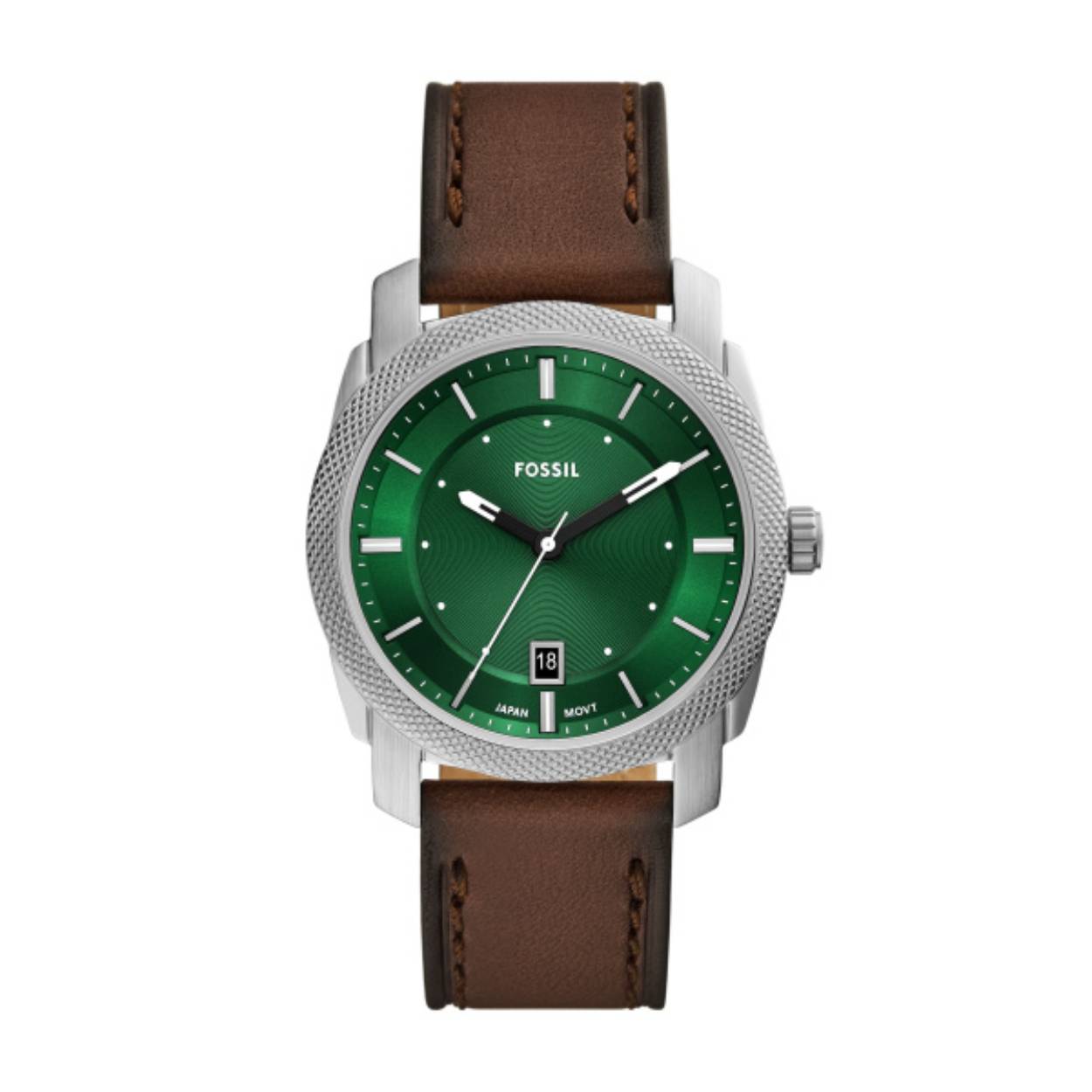 Fossil horloge met groene plaat en bruin leren band