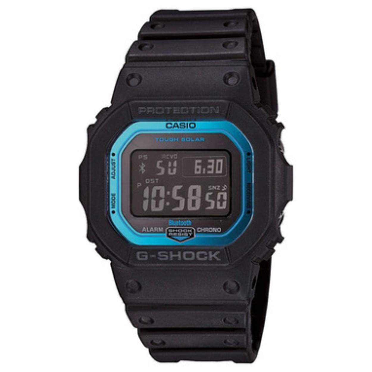 Casio G-Shock GW-B5600-2ER met vierkante horlogekast met schokbestendige constructie en lichte kunststof horlogeband. Het design stamt af van de eerste G-Shock DW-5000C uit 1983. Deze G-shock heeft zowel een smartphone link (Bluetooth) als radiosignaalontvangst, daarnaast werkt deze G-Shock ook nog eens op zonne-energie.