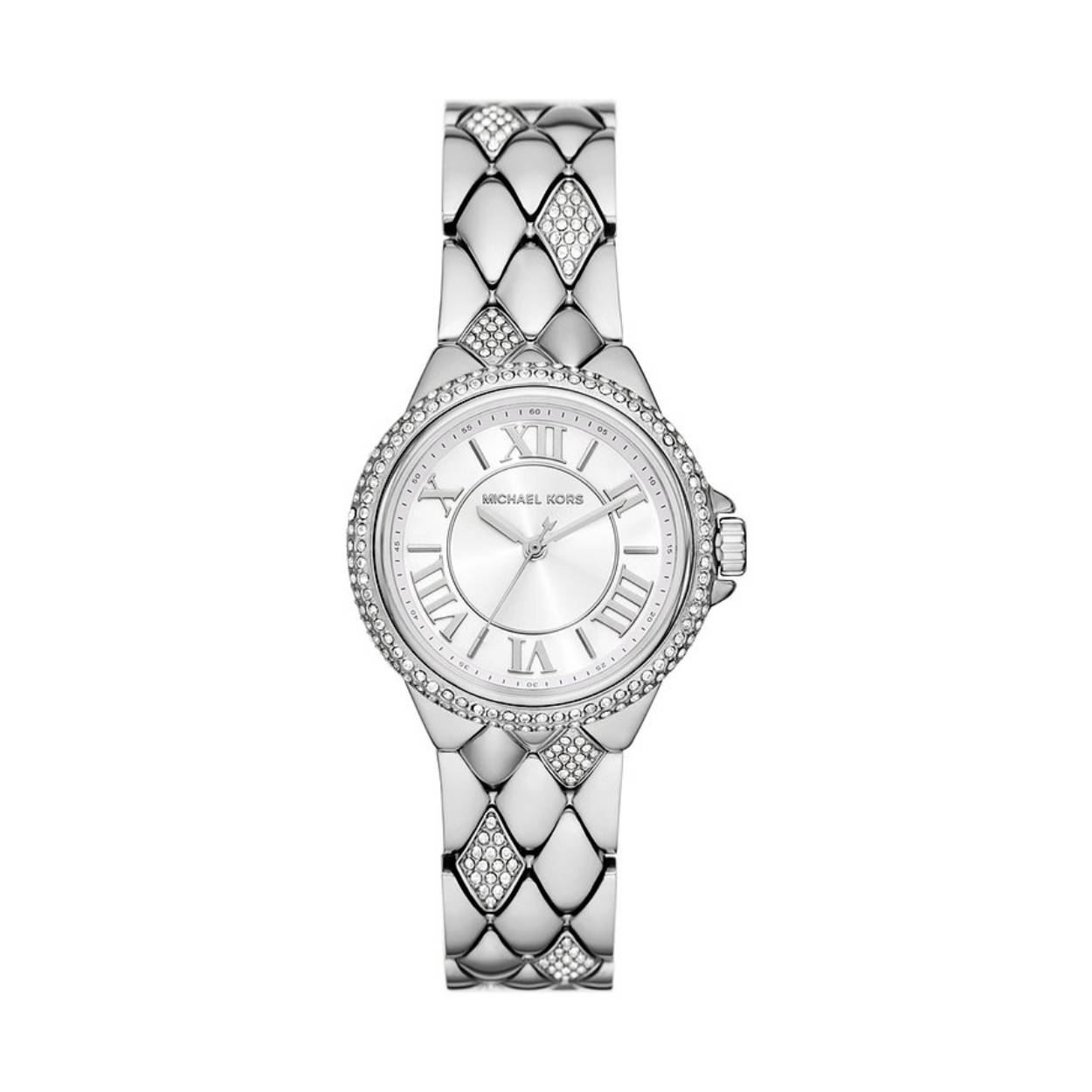 Het Michael Kors Camille MK4804 horloge straalt tijdloze elegantie uit met een zilverkleurige wijzerplaat en schitterende kristallen die subtiel zijn verwerkt in zowel de band als de kast. Dit luxe accessoire combineert stijl en functionaliteit, waardoor het een glamoureuze toevoeging is aan elke outfit, een ware blikvanger die de tijd met klasse weergeeft.