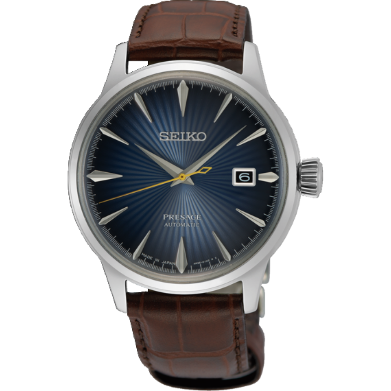 Seiko Presage heren met blauwe wijzerplaat en bruin leren band met vouwsluiting
Kaliber 4R35
Het 4R35 Seiko kaliber met datumweergave is een mechanisch kaliber. Het horloge laadt zich tijdens het dragen automatisch op door het omzetten van de arm- en polsbewegingen van de drager in energie. Beweging van het horloge zorgt ervoor dat de hoofdveer van het horloge wordt opgewonden. Deze veer is de energiebron. Handopwinding is ook mogelijk. Wanneer het horloge volledig is opgeladen heeft het horloge een energiereserve van ca. 41 uur. Het tikgetal van deze automaat is 21.600 per uur en het horloge heeft 23 jewels. Het 4R kaliber wordt volledig in-house vervaardigd.