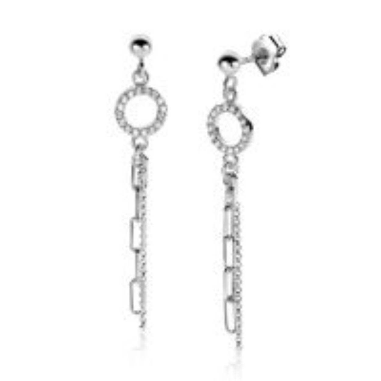 ZINZI zilveren oorstekers 46mm met bungelende paperclip en gourmet schakels, bevestigd aan een open rondje bezet met witte zirconia's. De oorstekers zijn vervaardigd van eerste gehalte zilver (925) 