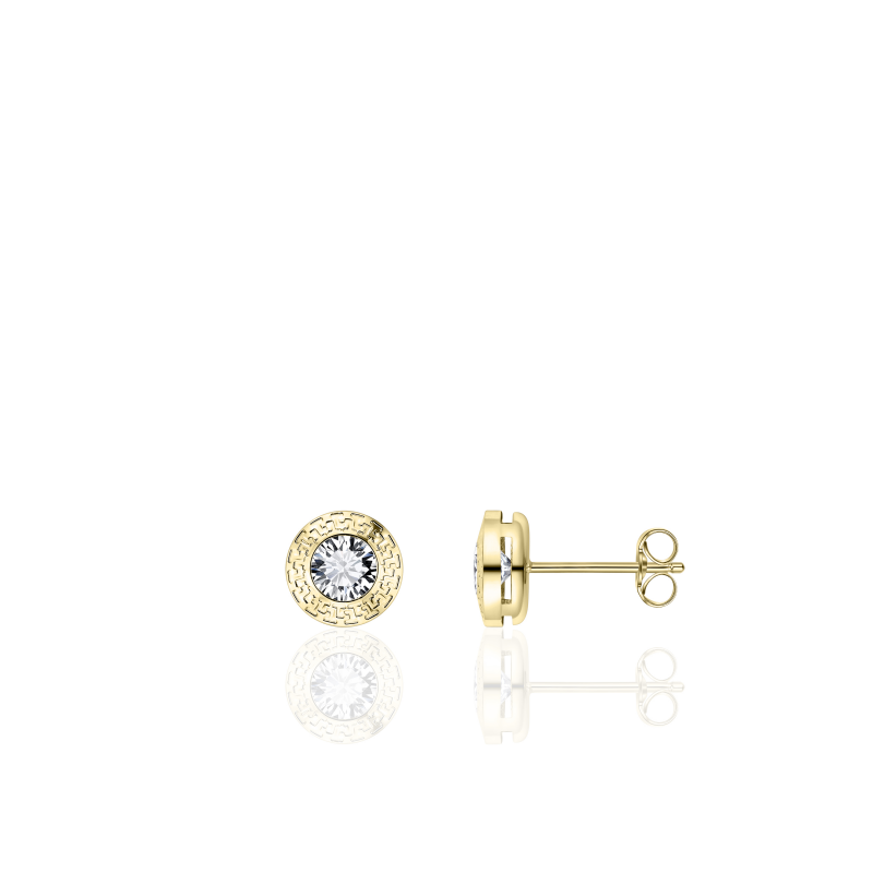 14k gouden oorknop met een zirkonia(4mm), de zirkonia is gezet in een ronde zetkast met een meander bewerking.