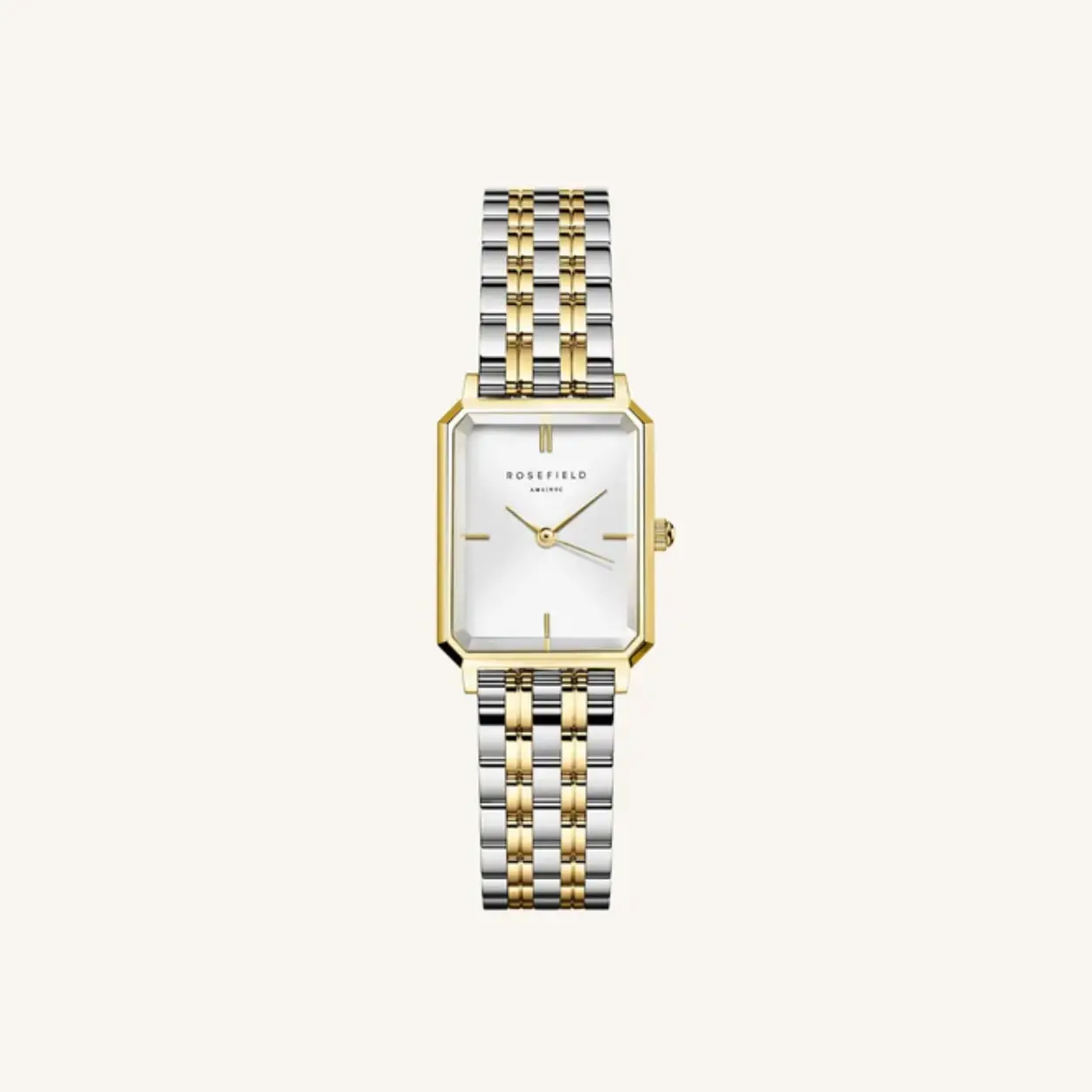 De Octagon XS past perfect om de smallere pols. Het 24mm achthoekige horloge heeft een moderne uitstraling, met klassieke details zoals 3D-facet glas en een elegante 5-link horlogeband van verguld roestvrij staal.