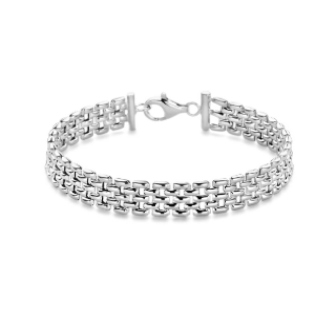 Gerhodineerd 925 zilveren armband uitgevoerd met een panter schakel van 8mm. De armband heeft een draaglengte van 19cm en is uitgevoerd met karabijnsluiting.