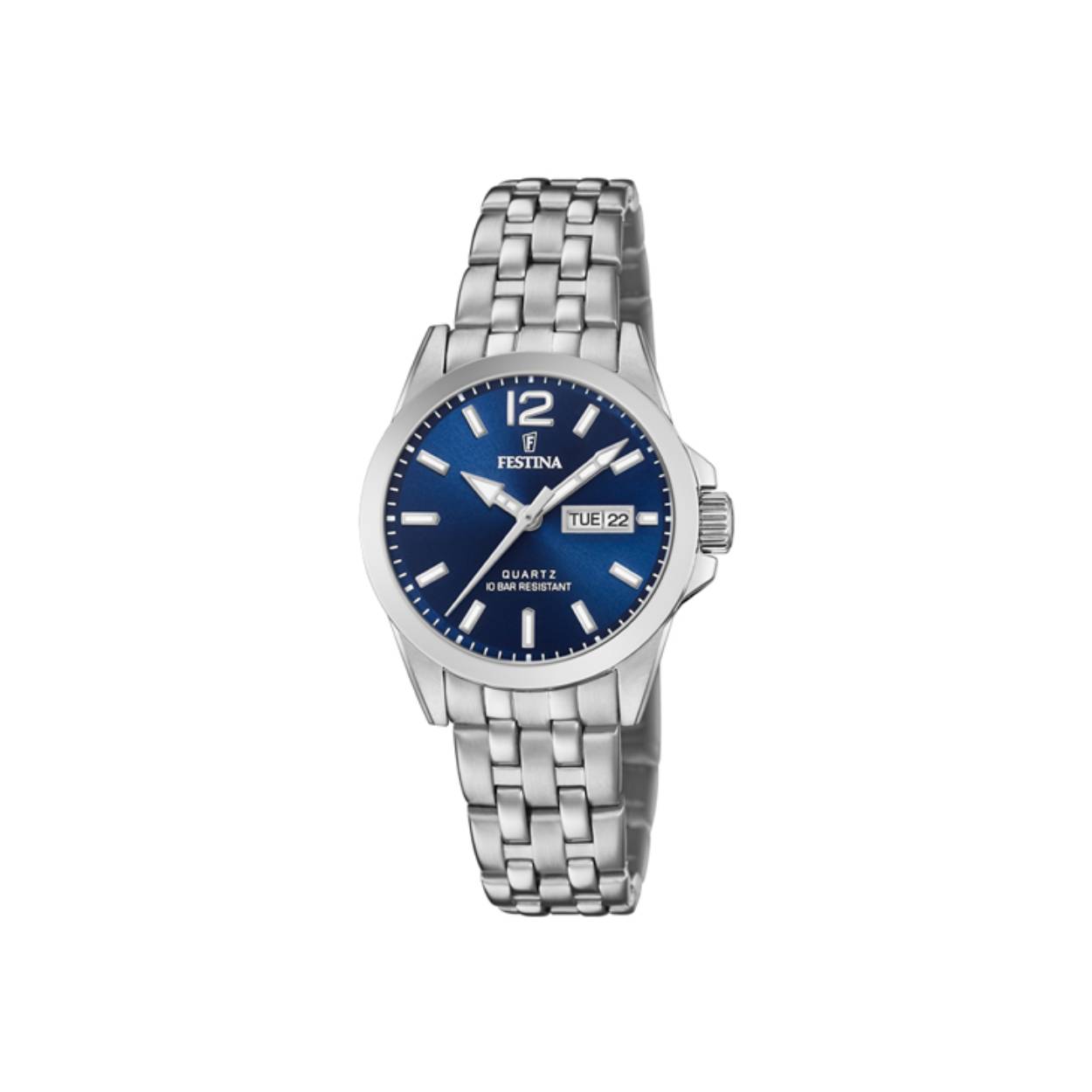 Damesuurwerk van Festina uit de 'Classics' collectie
Zilverkleurige band en kast in edelstaal
Blauwe wijzerplaat met dag/datumaanduiding
Waterdichtheid: 10 ATM