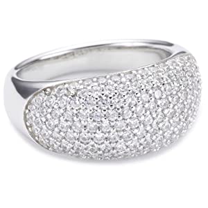 Brede zilveren gerhodineerde -bolle- fantasie damesring ‘vol’ met zirconia’s gezet. 12 mm.