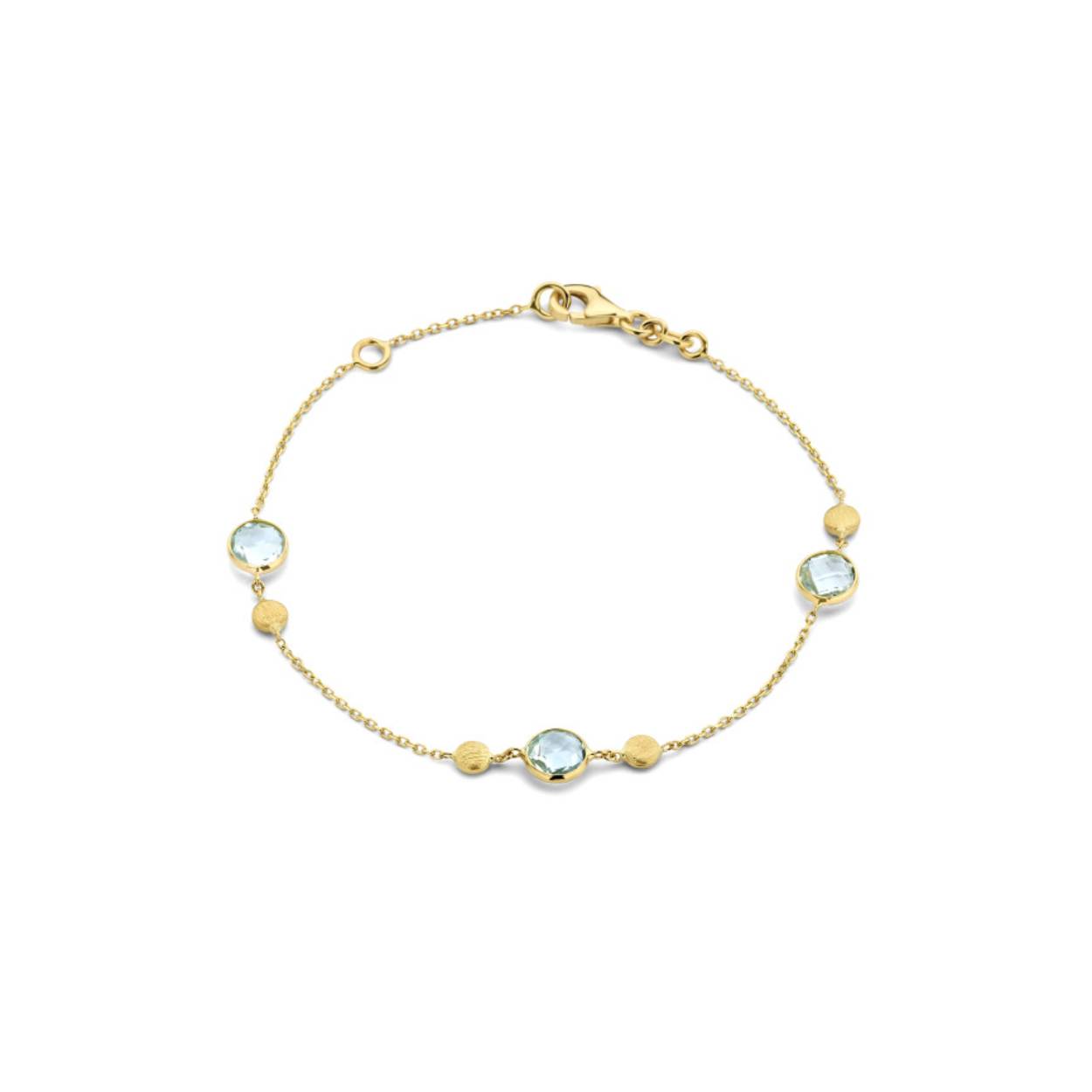 Deze armband is vervaardigd uit geelgoud 18kt met enkele platte schakels afwisselend met topaas.
