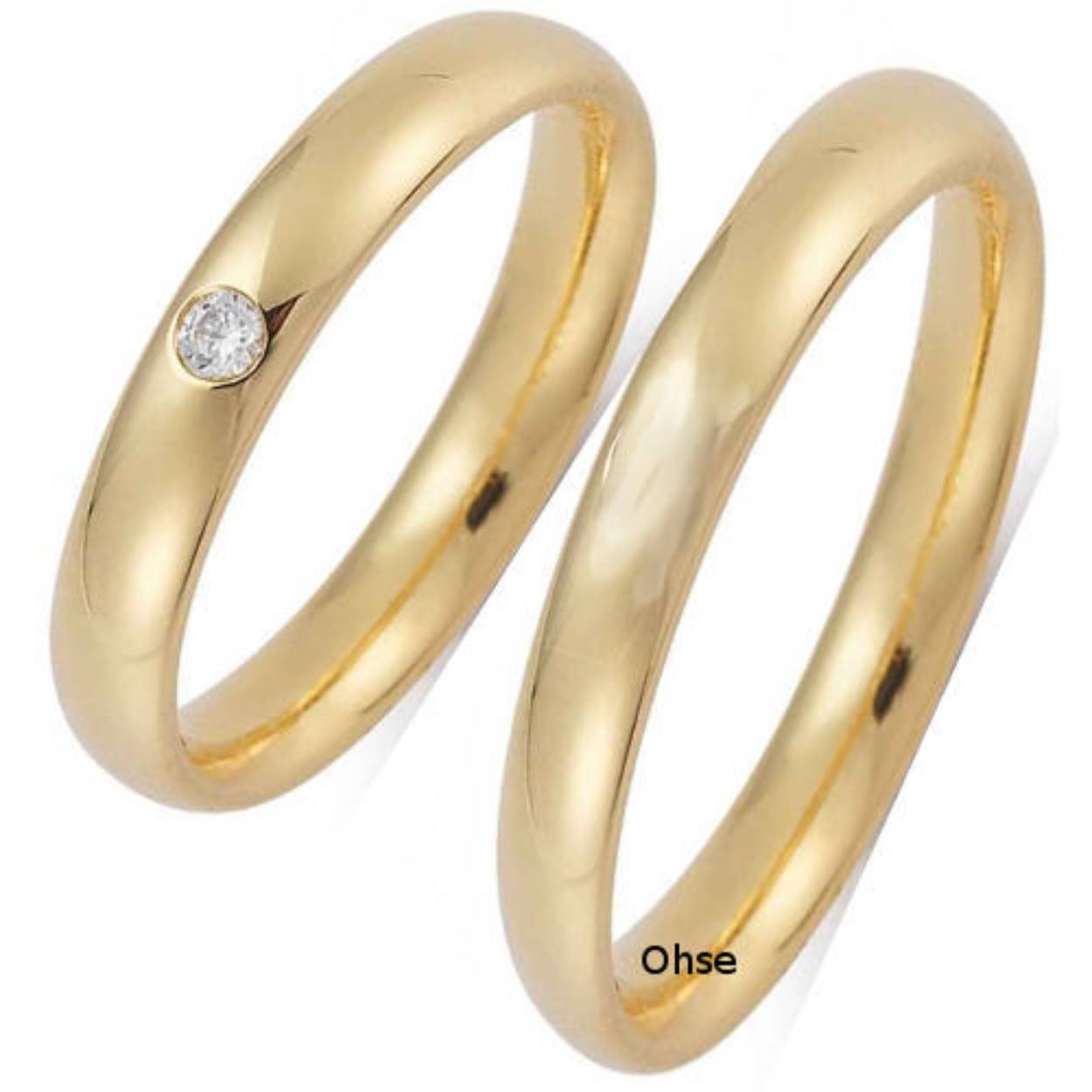 585 geelgouden trouwringen, 3.5mm. De damesring is gezet met 0.01 crt briljant
Prijs is op aanvraag
