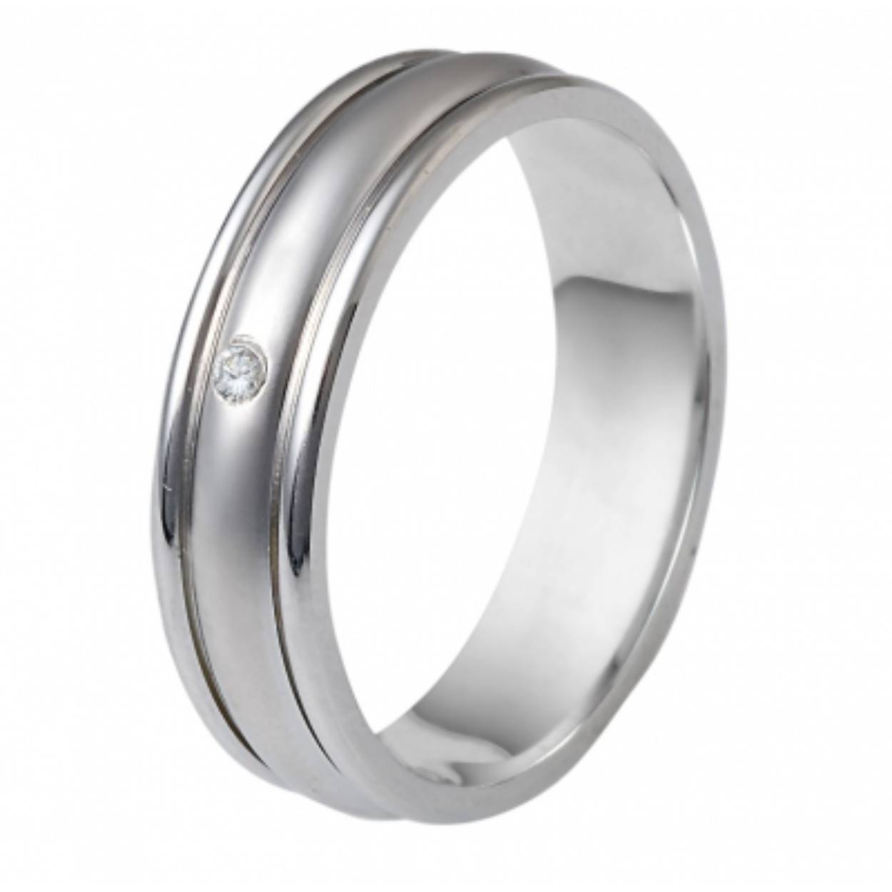 585 witgouden trouwringen mat/glimmend. damesring 5 mm en herenring 7 mm breed. De damesring is gezet met 0.015ct briljant
Prijs is op aanvraag