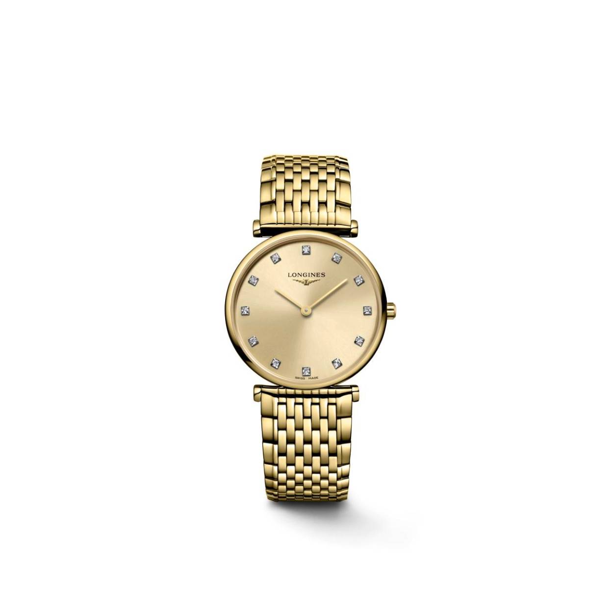 Dit Longines horloge behoort tot de La Grande Classique collectie.
Referentienummer: L4.512.2.37.8

De Longines is voorzien van een Quartz uurwerk. De kast en band zijn gemaakt van roestvrij staal met een geelgouden pvd coating. Het horloge heeft een diameter van 29 mm en is getest op een waterdichtheid van 3 ATM / 30 meter. De goudkleurige wijzerplaat is versierd met 12 top Wesselton VS-SI diamanten met een totaal van 0.081ct. Het horloge heeft een krasbestendig saffierglas met meerdere lagen anti-reflecterende coating aan beide zijden. Het platte horloge straalt klassieke elegantie uit